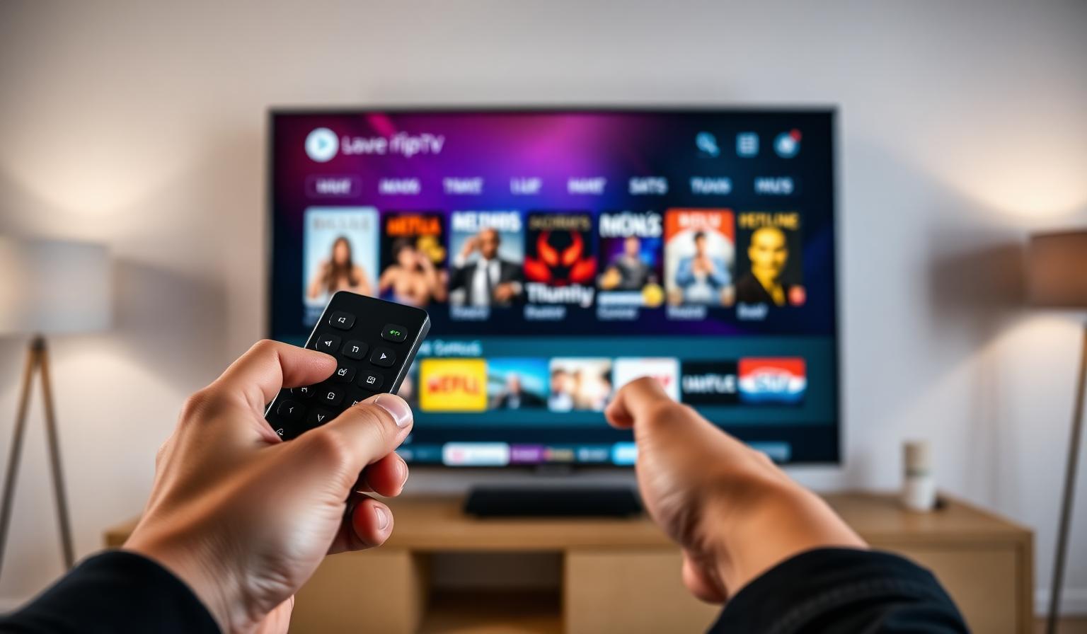 Hands holding an Android TV remote in front of a smart TV showing an IPTV streaming app with live channels and movies