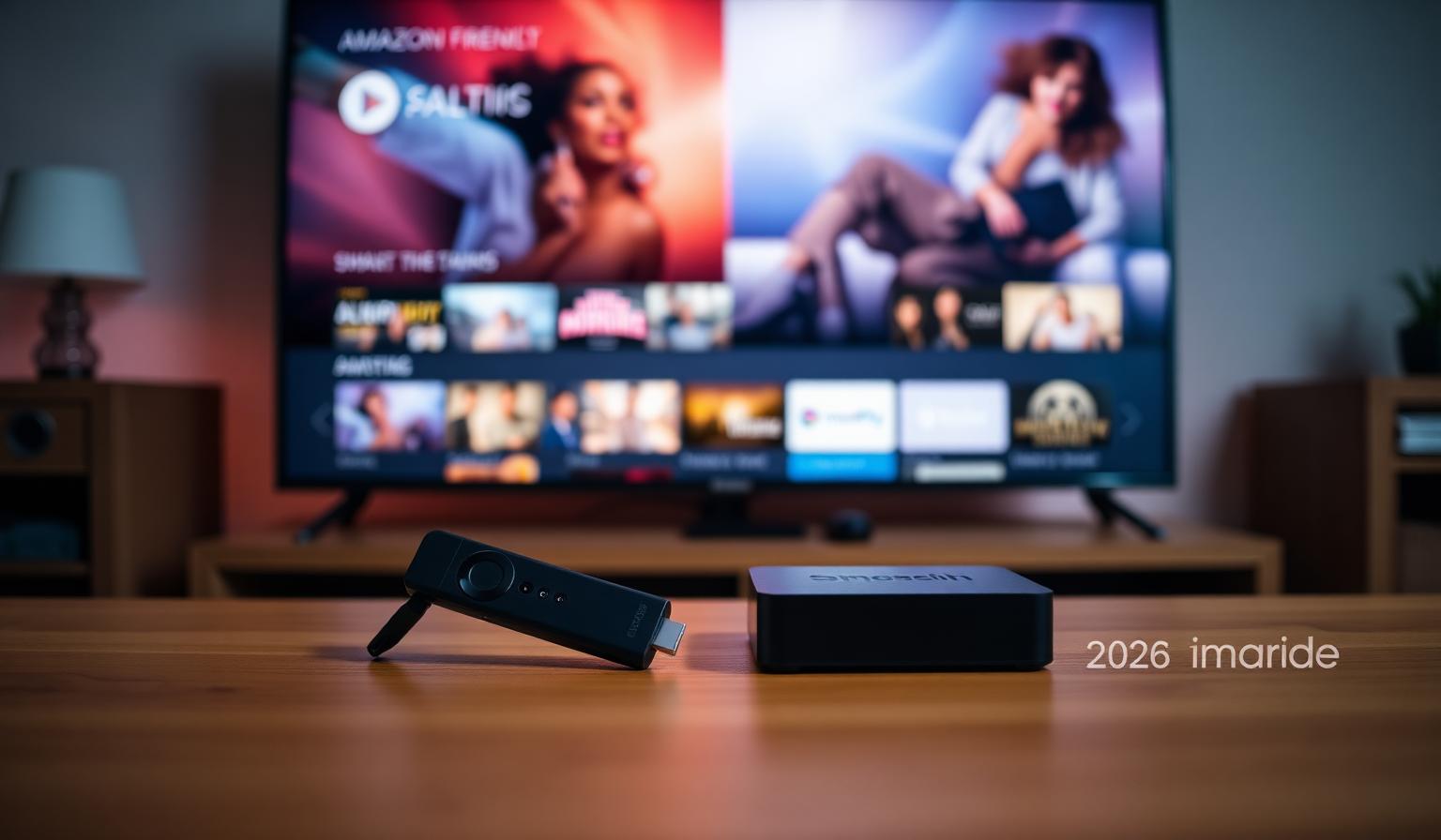 Amazon Firestick and Android TV box placed side by side on a wooden table in front of a Smart TV showing a streaming interface