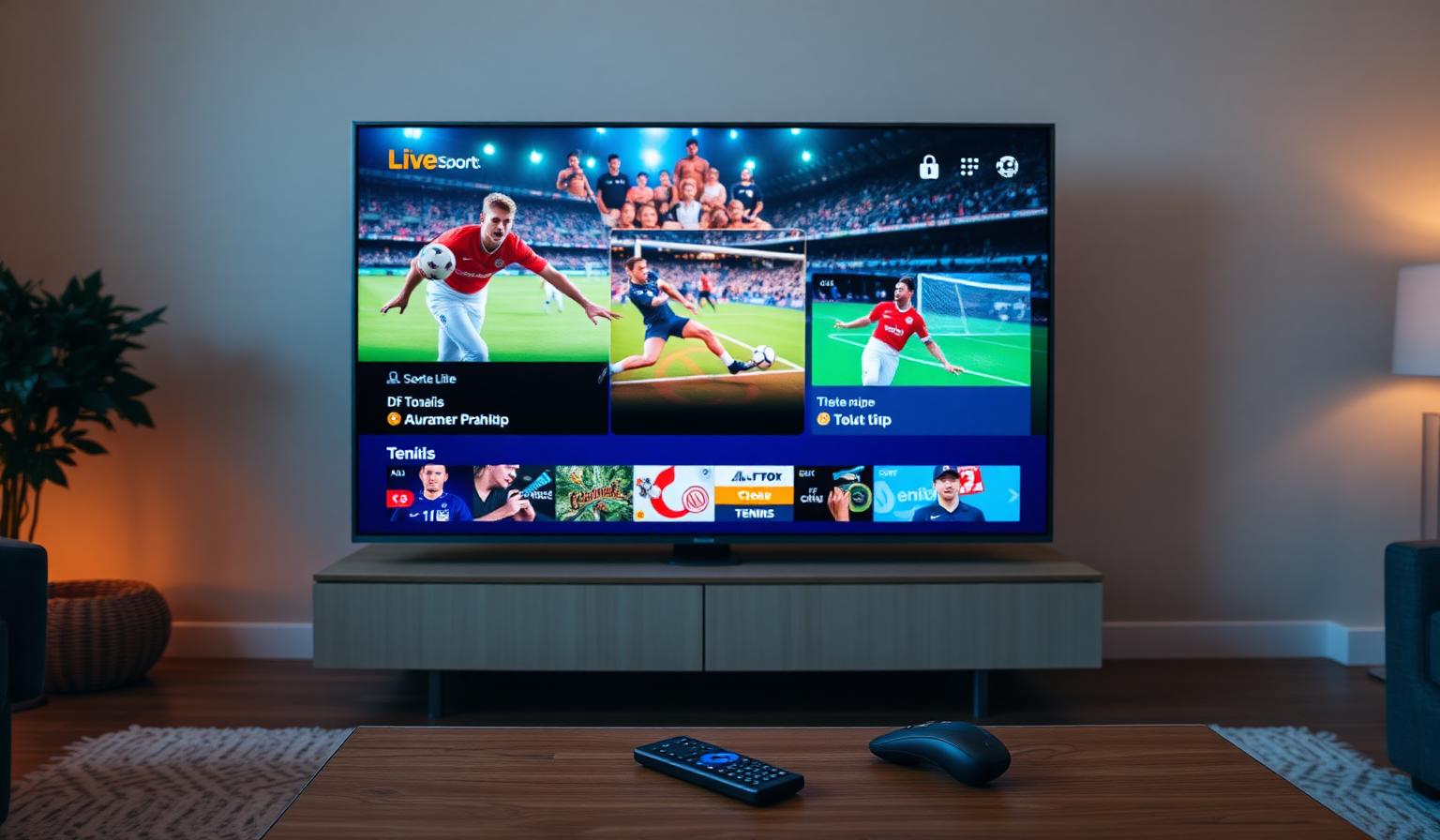 Modern Smart TV in a cozy living room showing a live sports streaming app with football, basketball and tennis thumbnails, remote on a wooden coffee table