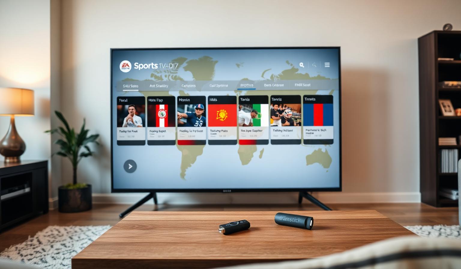 Modern Smart TV showing a sports streaming dashboard with global sports thumbnails and country flags on a soft world map background, Firestick remote on a wooden coffee table