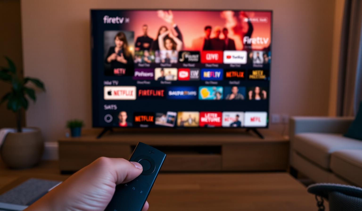 Hand holding an Amazon Firestick remote in front of a modern Smart TV showing a colorful Fire TV home screen with rows of streaming apps for movies, live TV and sports