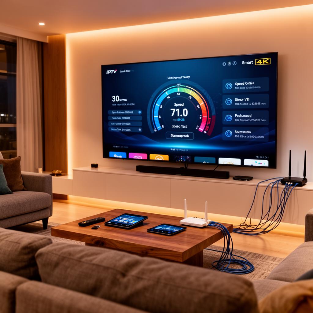 Modern living room with a 4K Smart TV showing IPTV streaming interface with speed test overlay, high-speed router and ethernet cables, warm ambient lighting