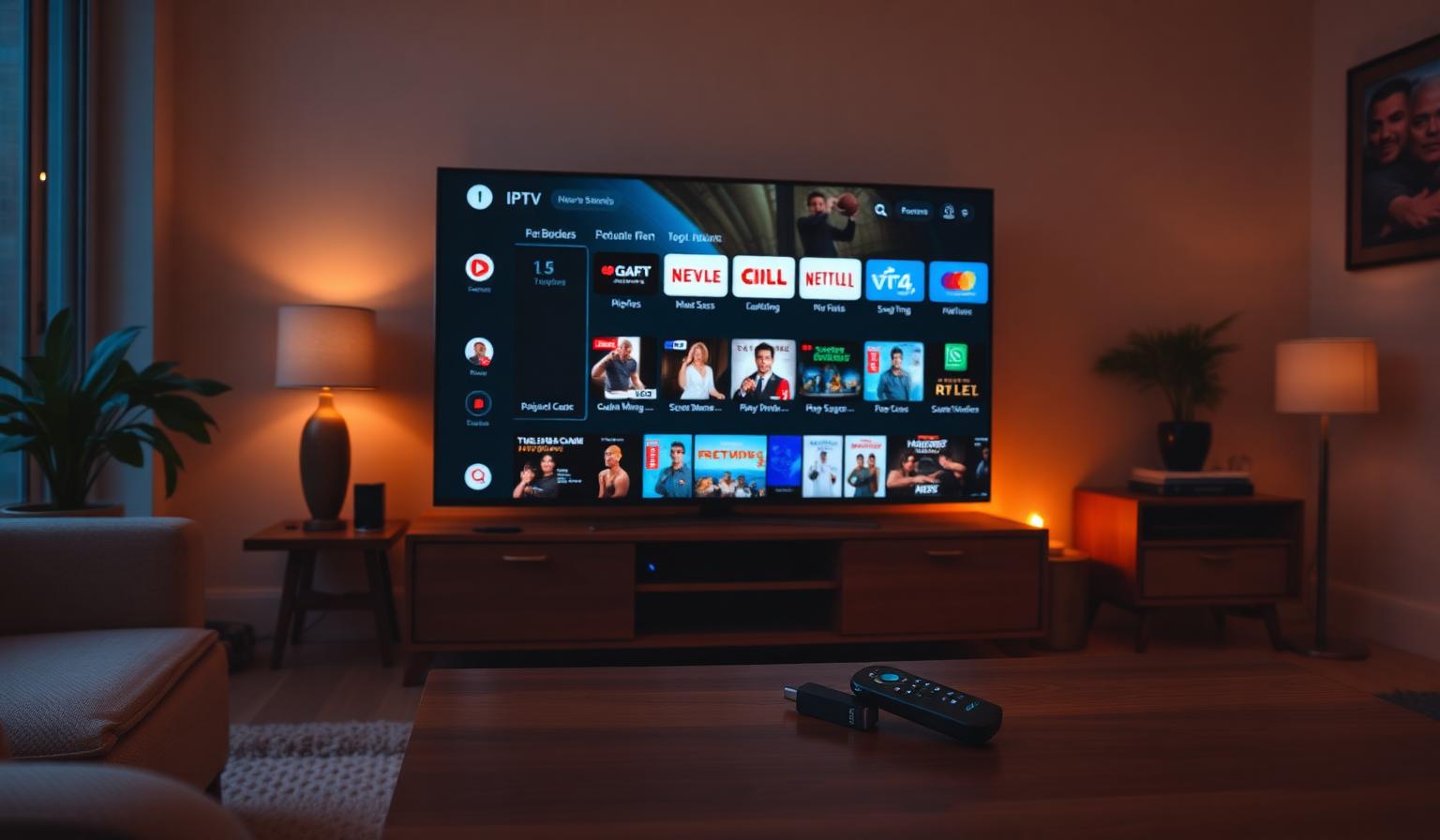 Modern Smart TV in a cozy living room showing a colorful IPTV app dashboard with channel grid, EPG and live thumbnails for sports, news and movies, Firestick remote on a wooden coffee table