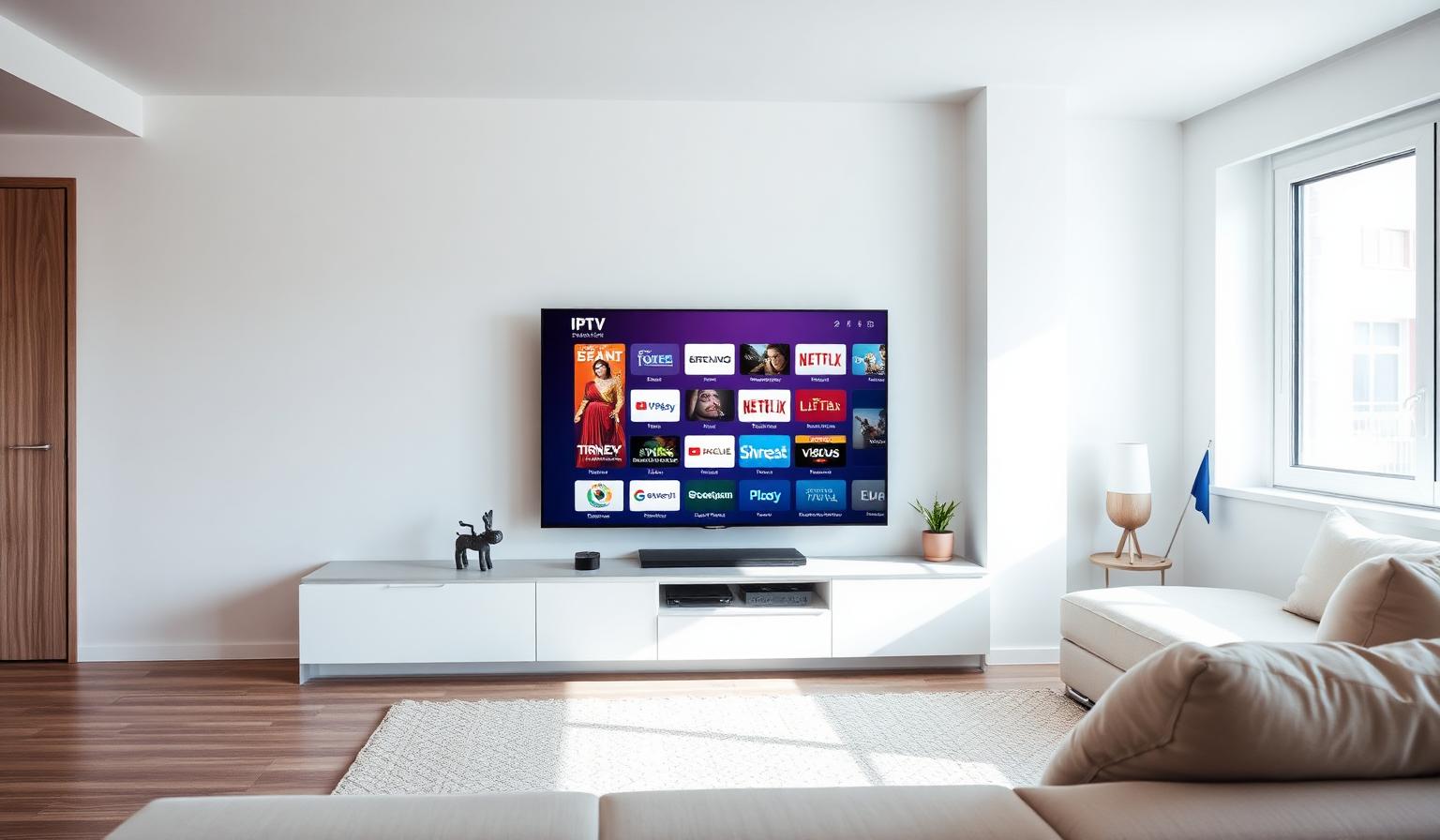 Modern European living room with a sleek Apple TV 4K connected to a flatscreen TV showing an IPTV streaming app interface, minimalist Scandinavian interior with soft natural daylight