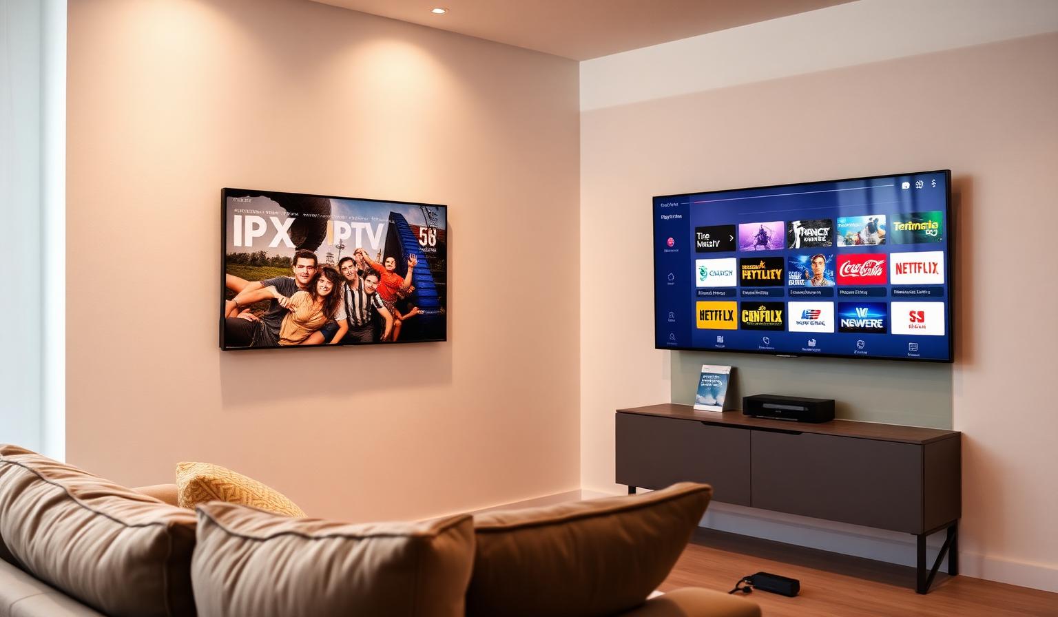 Modern European living room with a flatscreen TV showing an IPTV streaming app interface, Amazon Firestick connected, cozy Scandinavian sofa and soft ambient lighting