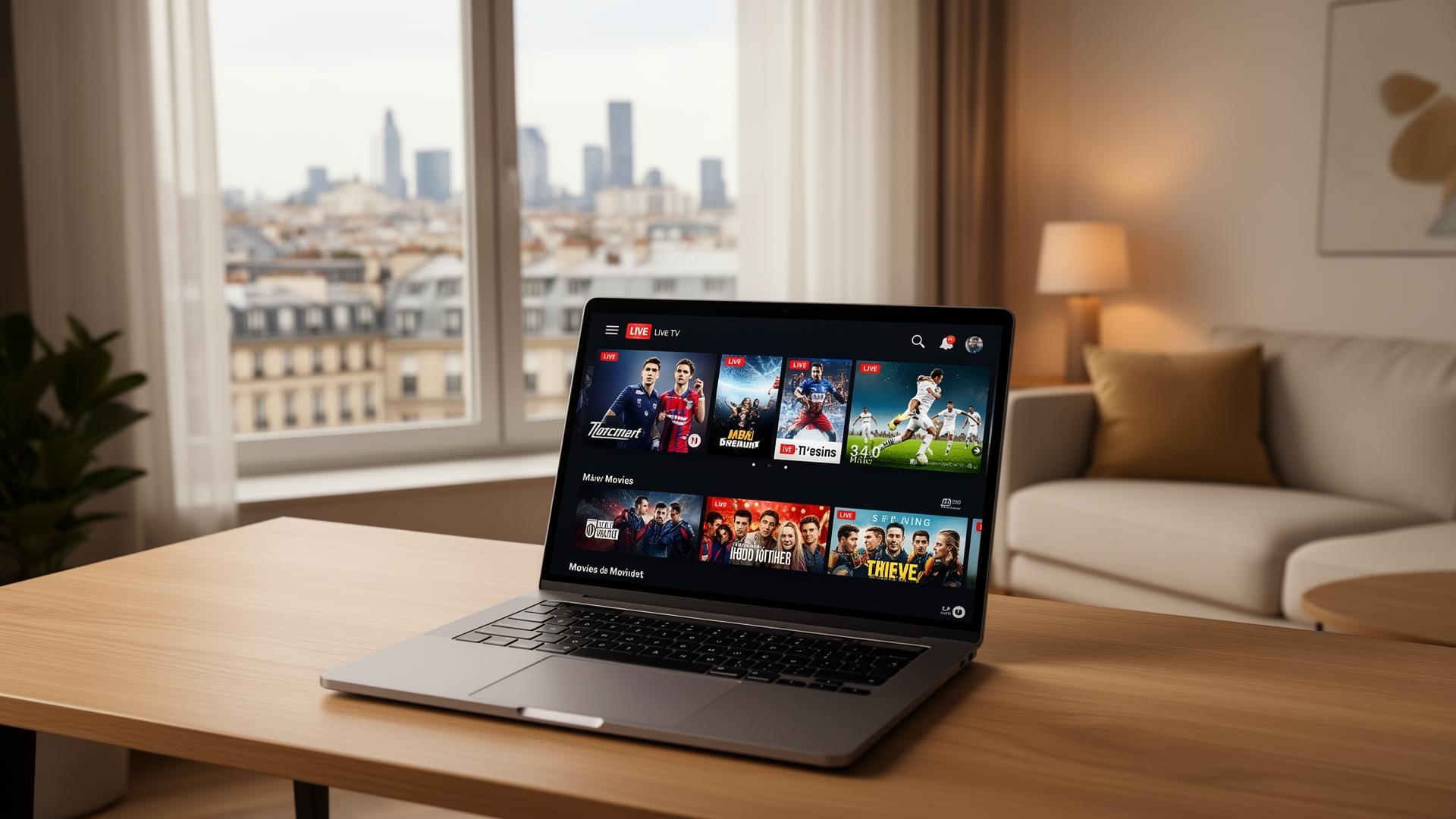 Modern European home office with a sleek laptop on a wooden desk showing an IPTV streaming app interface with live TV channels, sports and movies, large window with European city view, soft natural daylight