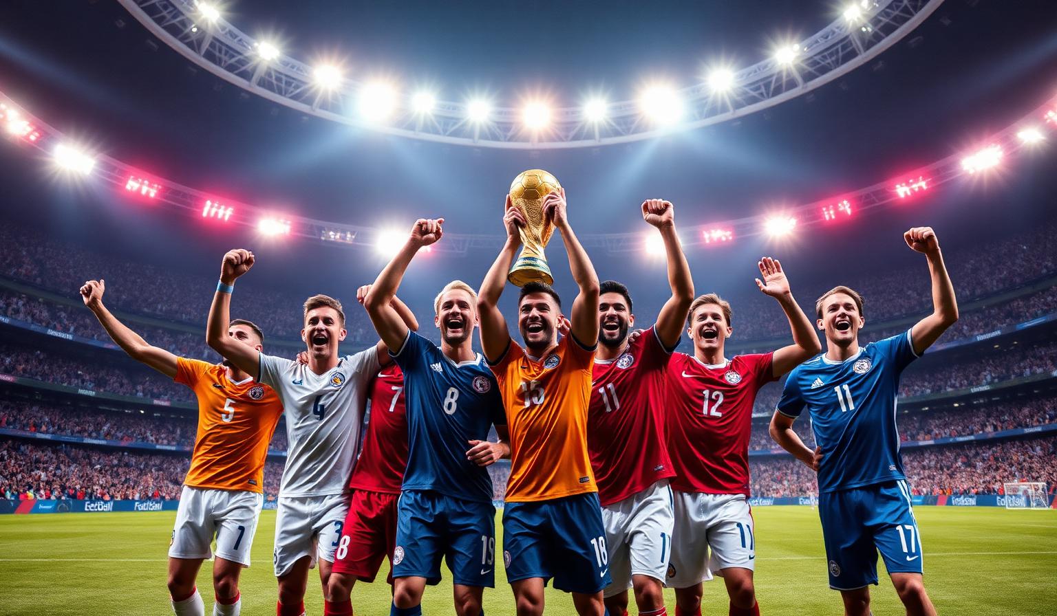 Football stars in national team kits celebrating with a golden FIFA World Cup trophy under bright stadium lights