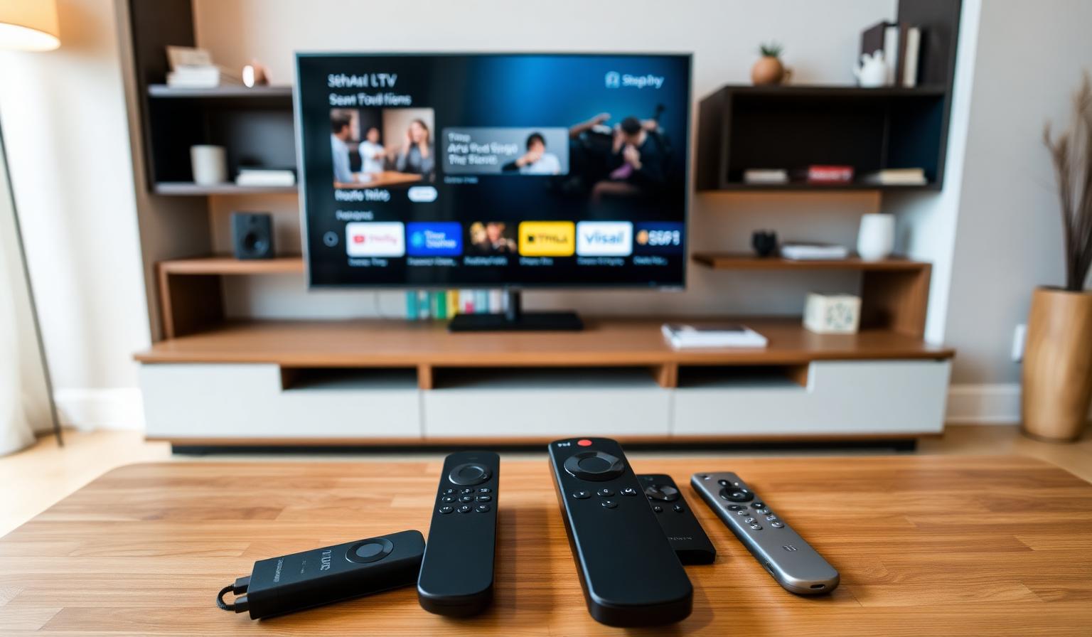 Cozy modern living room with a 4K Smart TV showing a streaming app, several remote controls — Firestick, Android TV, universal smart remote and Apple TV Siri remote — neatly arranged on a wooden coffee table
