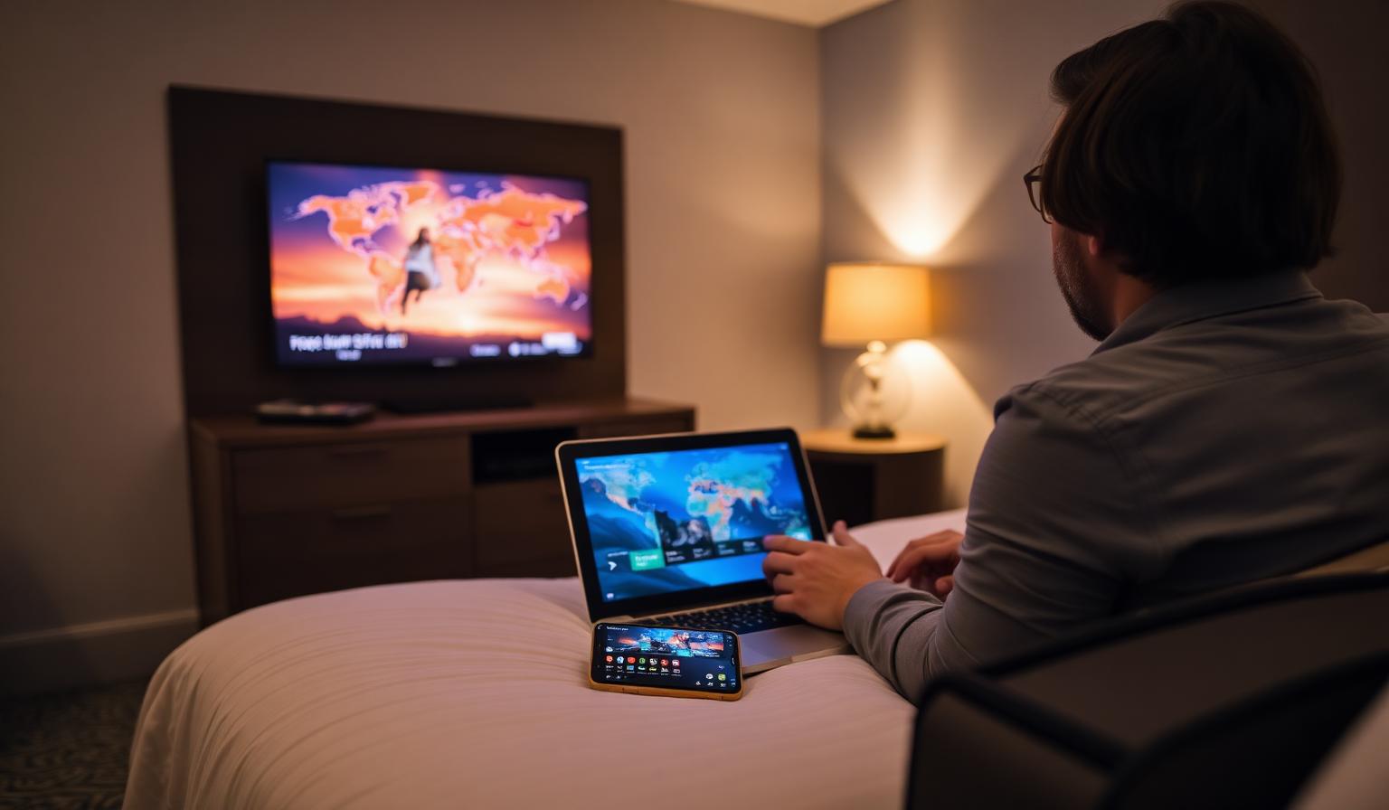 Traveler in a cozy hotel room watching live TV on a laptop with a smartphone showing a streaming app, world map on the TV screen and warm ambient lighting