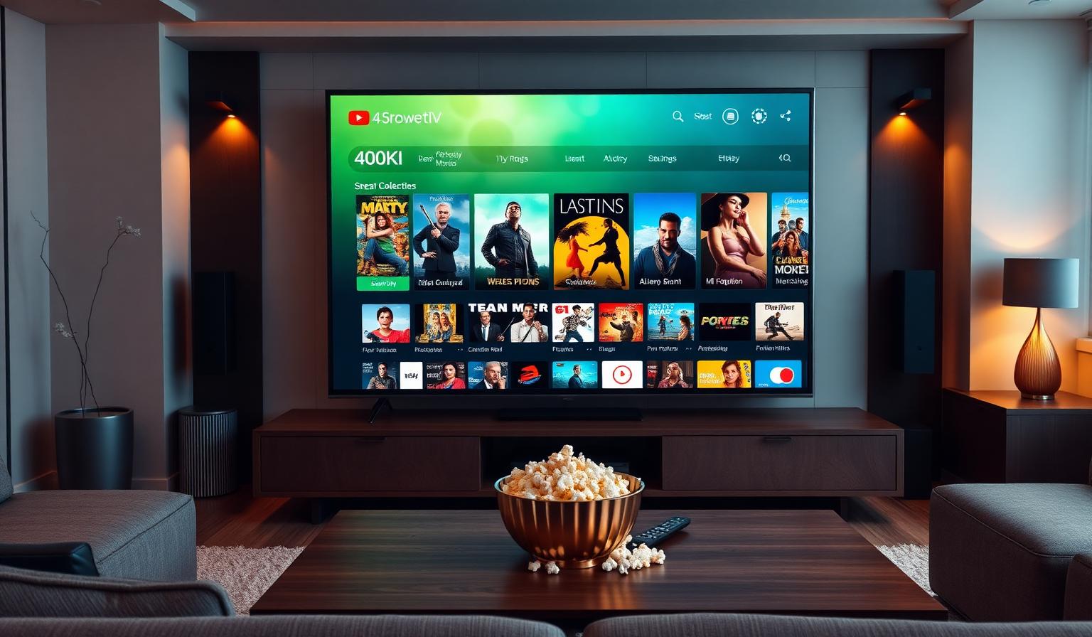 Modern 4K Smart TV in a cozy living room showing a streaming app with international movie posters, popcorn bowl and remote on a wooden coffee table