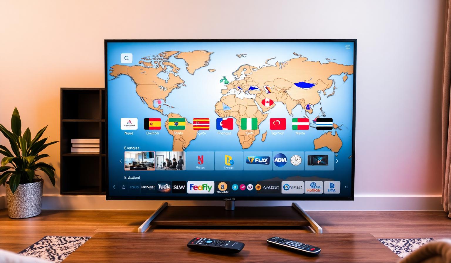 Modern Smart TV in a cozy living room showing a streaming app with international TV channel logos and country flags overlaid on a soft world map background, remote on a wooden coffee table