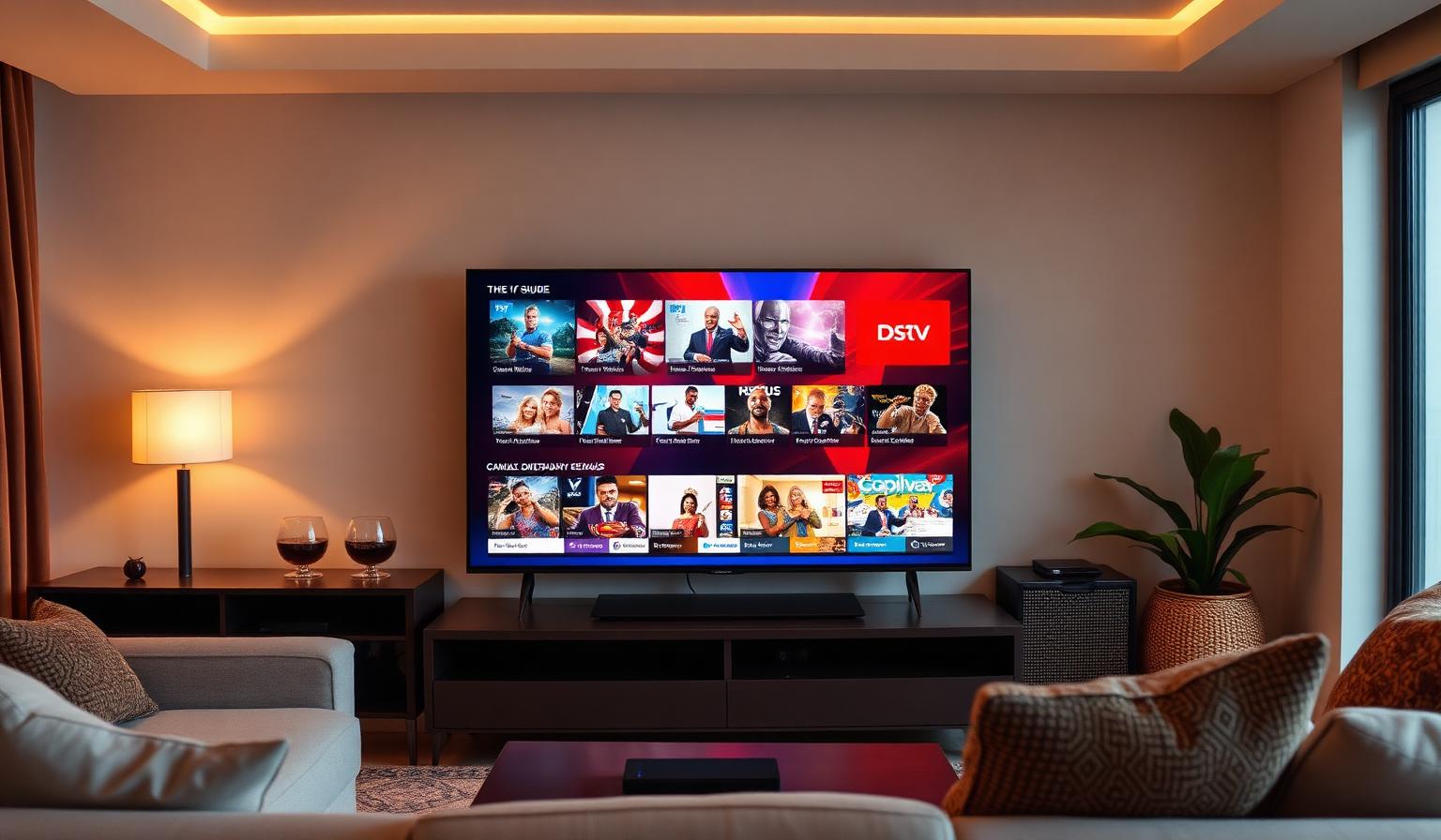 Modern African living room with large flatscreen TV showing colorful DStv channel guide with sports, movies and entertainment thumbnails, streaming device on TV stand