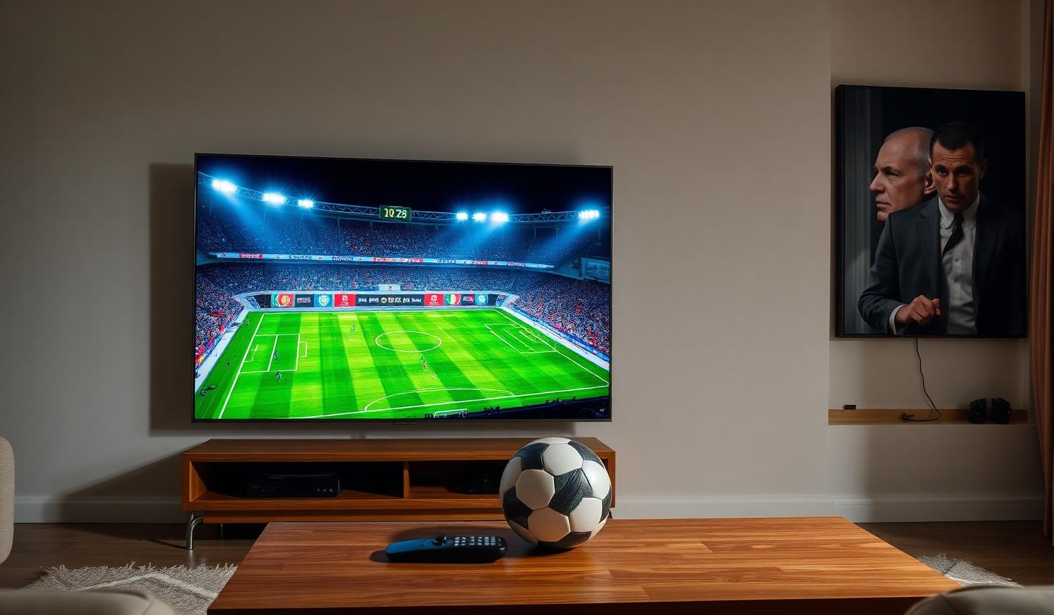 Smart TV in a living room showing a FIFA World Cup 2026 style football match with stadium lights, a soccer ball and remote on a wooden table