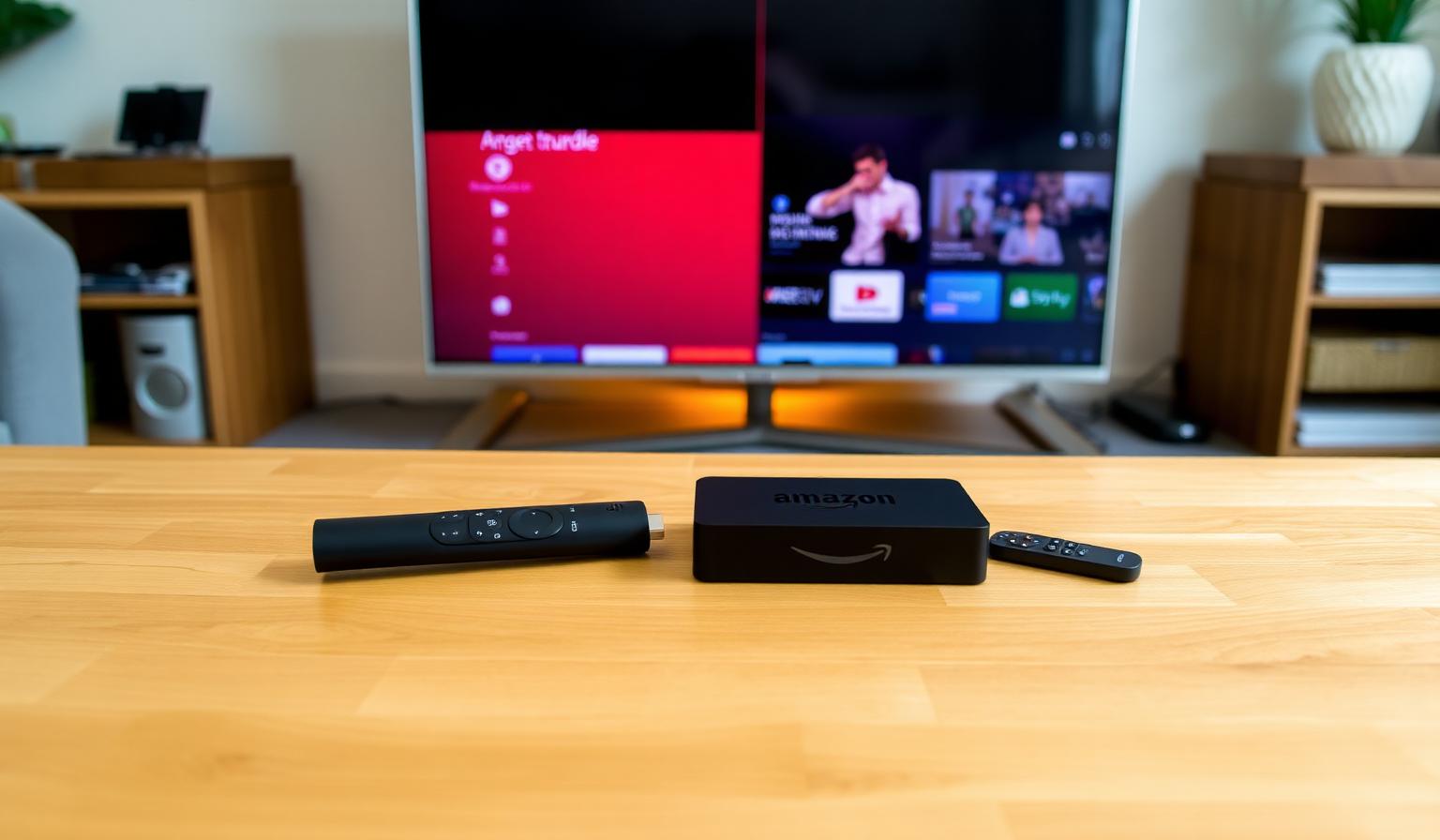 Amazon Firestick and an Android TV box placed side by side on a wooden coffee table in front of a modern Smart TV showing two streaming interfaces, with remote controls visible