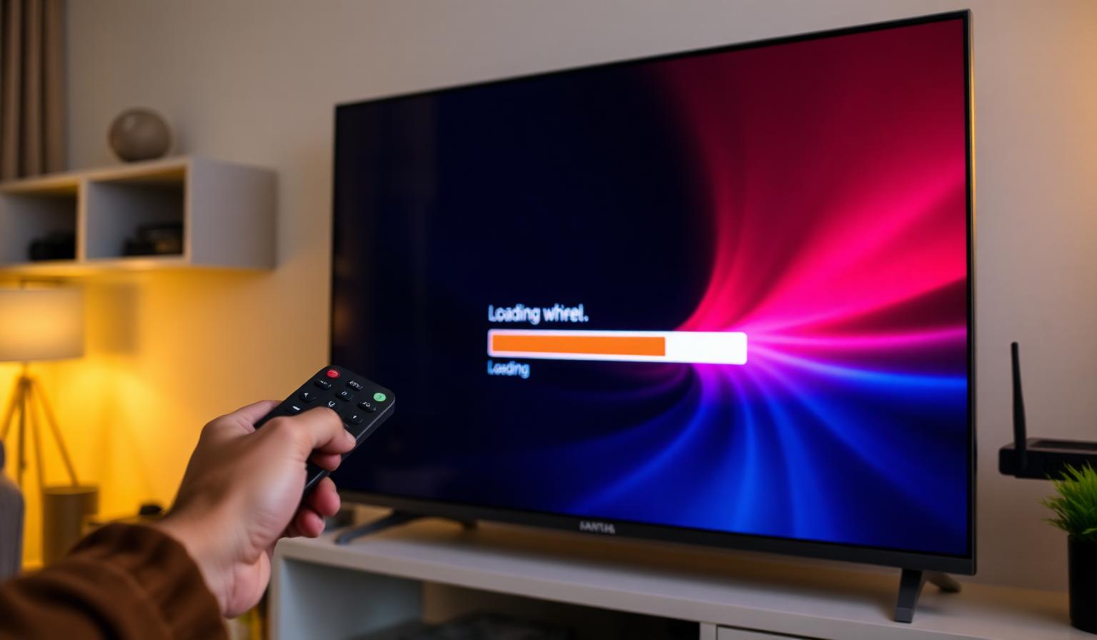 Hand holding a remote in front of a modern Smart TV showing a buffering loading wheel, Wi-Fi router visible in the living room background