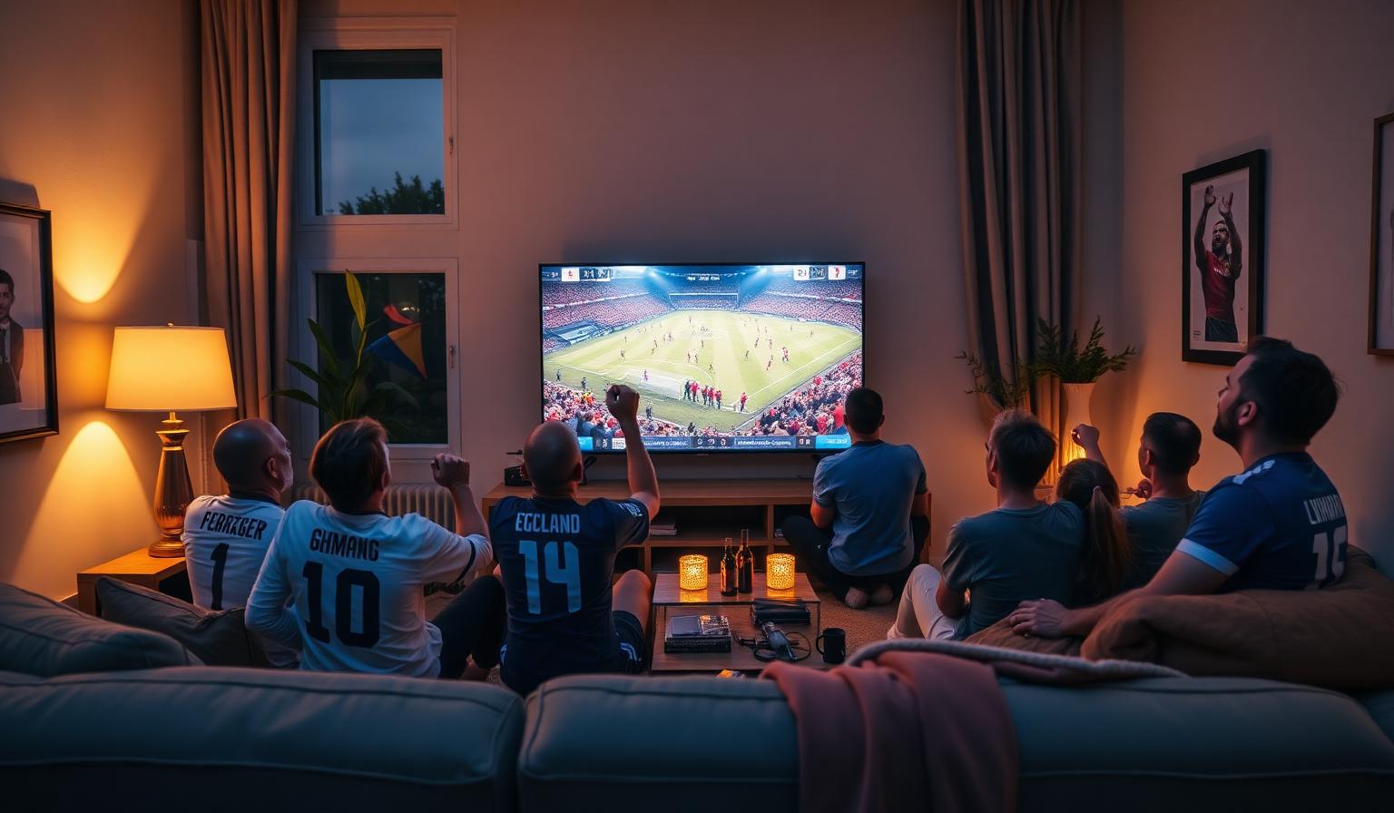 European football fans wearing national team jerseys watching a FIFA World Cup 2026 match on a large Smart TV in a cozy living room at night