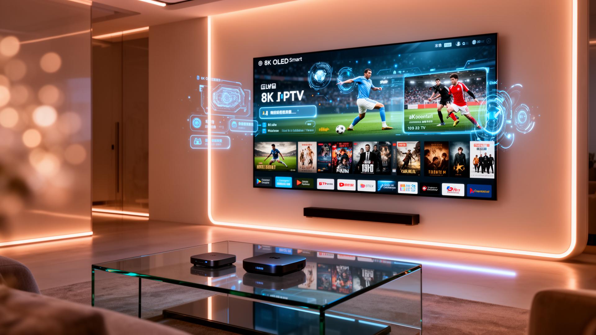 Futuristic modern living room with a large 8K OLED Smart TV showing an advanced IPTV streaming interface with holographic UI elements, AI-powered recommendations, and live sports thumbnails
