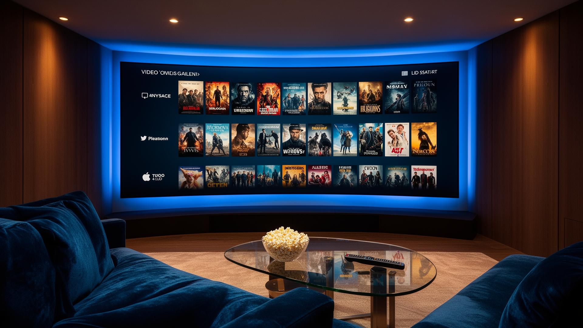 Modern home theater room with a large curved 4K Smart TV displaying a premium Video on Demand streaming interface with vivid movie posters, ambient LED lighting, and cozy velvet sofa