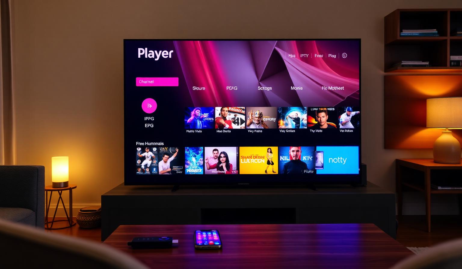 Modern Smart TV in a cozy living room showing the IBO Player IPTV interface with a colorful channel grid, EPG and live thumbnails for sports, news and movies, Firestick remote and smartphone on a wooden coffee table