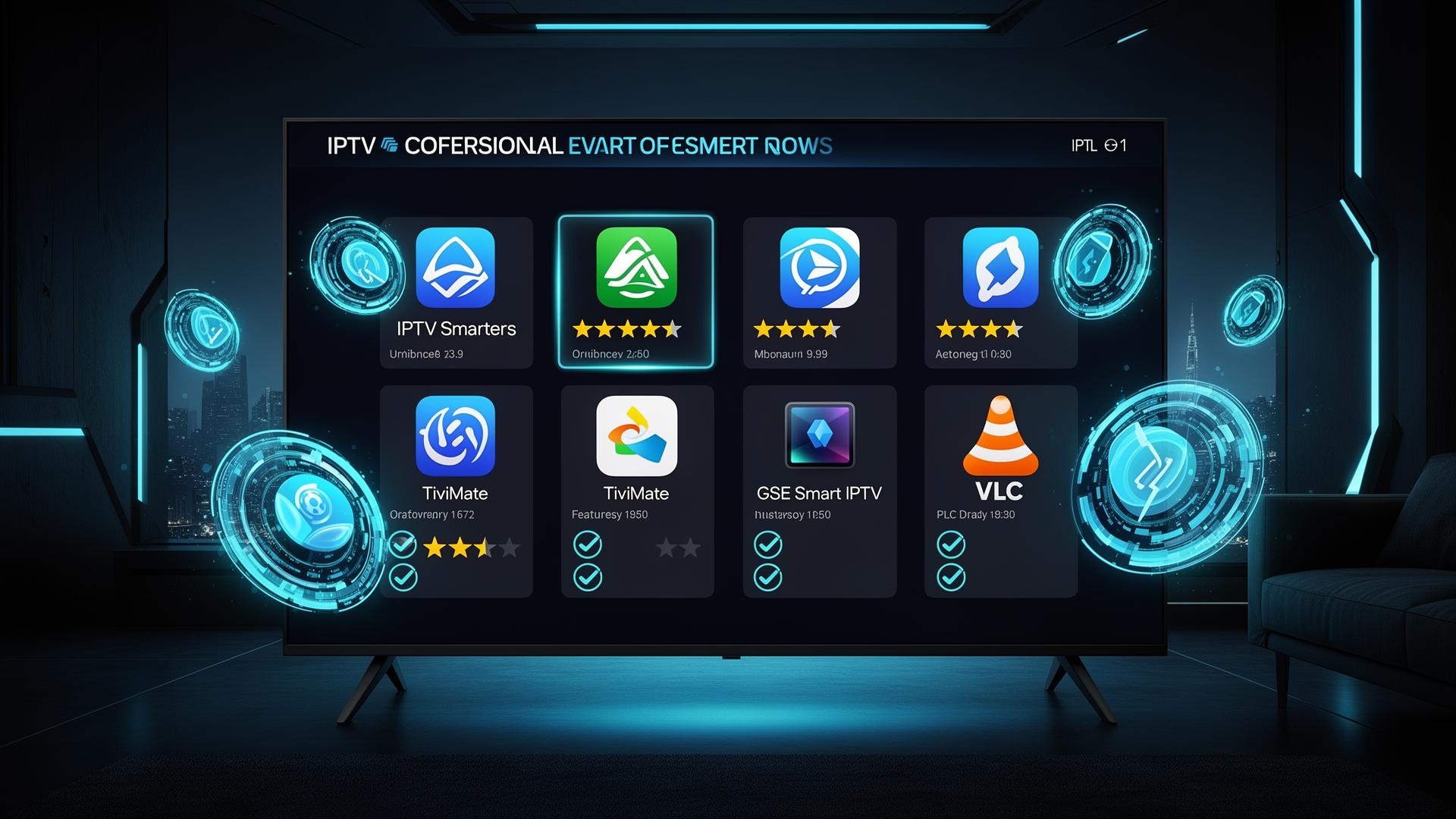 Sleek comparison chart of IPTV apps with star ratings and feature icons displayed on a modern Smart TV screen in a dark futuristic living room