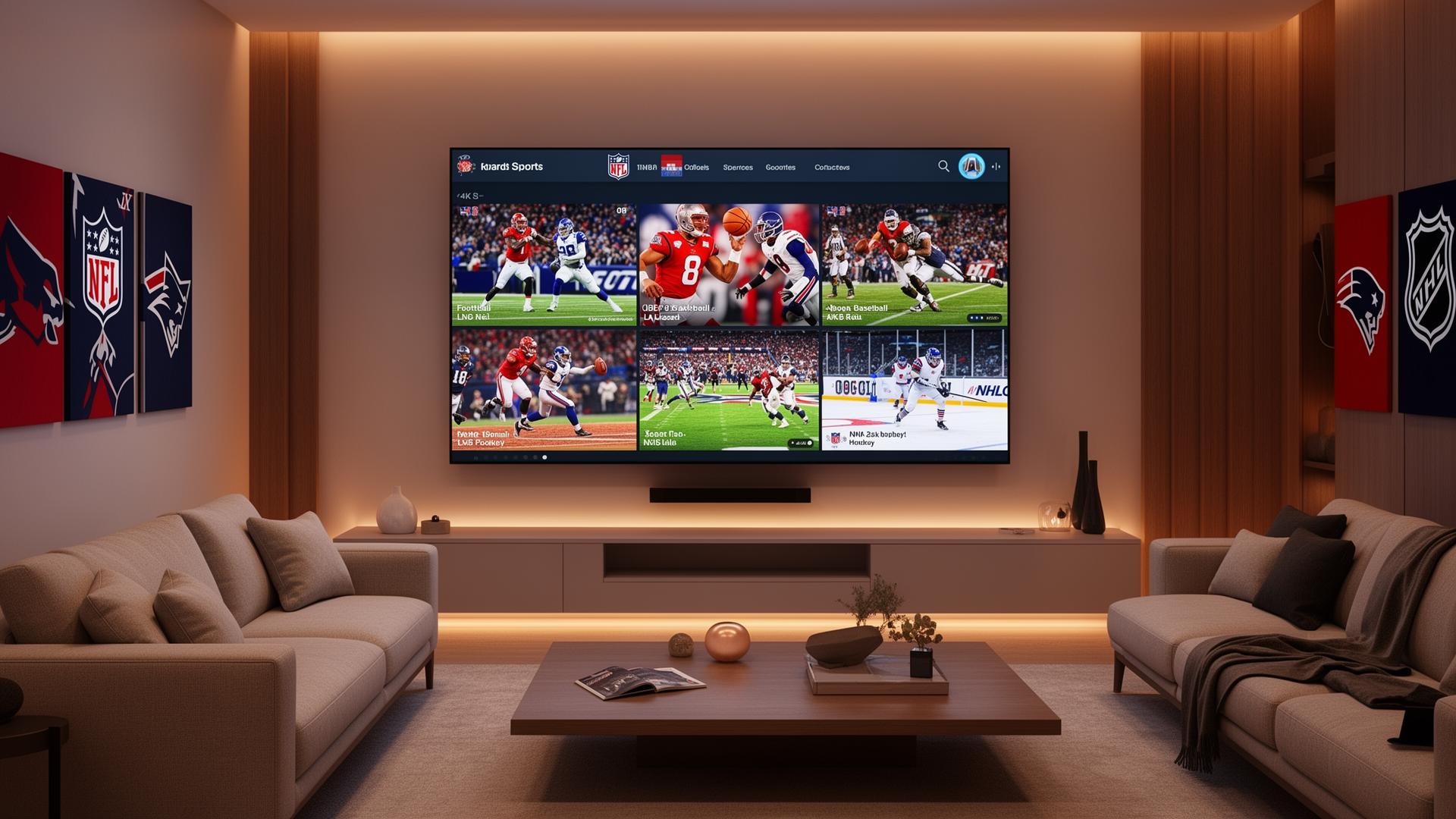 Modern living room with large 4K Smart TV showing a multi-view sports streaming dashboard with NFL, NBA, MLB and NHL games, sports-themed decor, warm ambient lighting