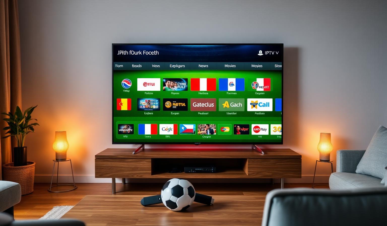 Modern Smart TV in a cozy European living room showing an IPTV dashboard with European channel logos for football, news and movies, Firestick remote and a soccer ball on a wooden coffee table