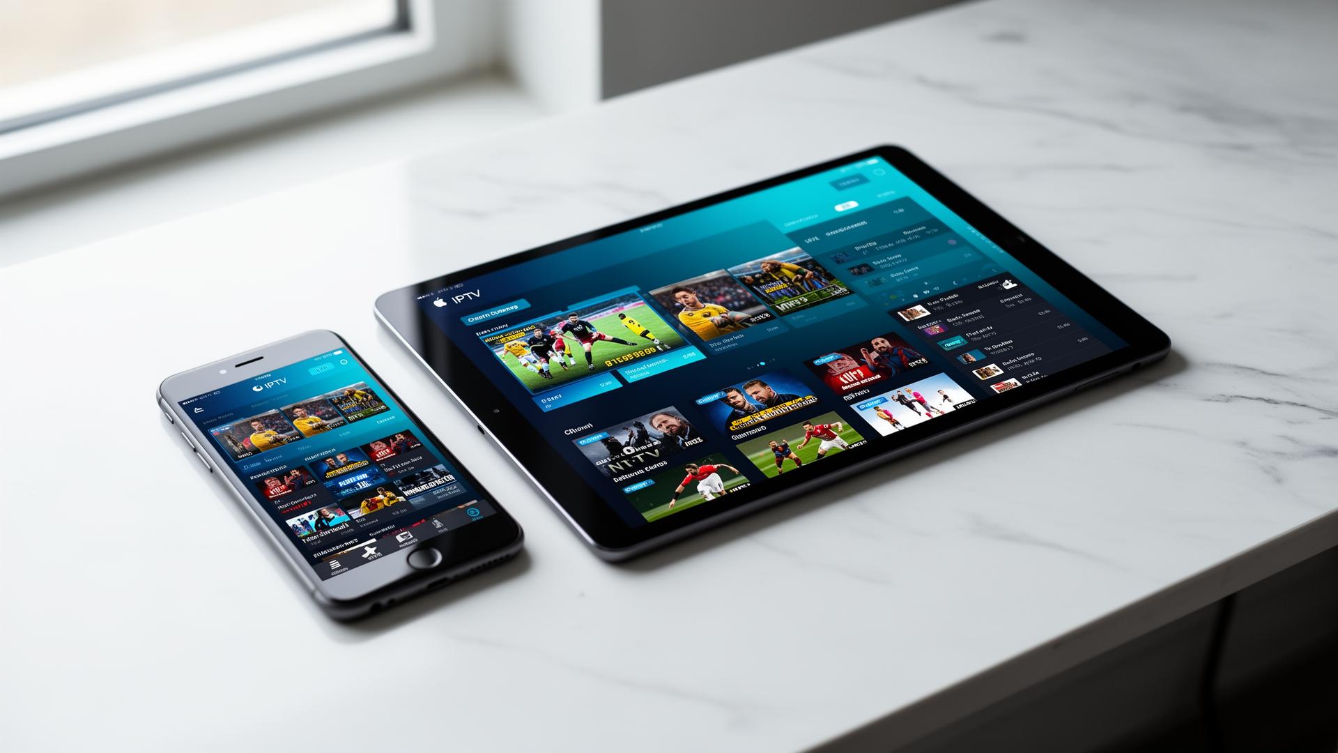 Modern iPhone and iPad side by side on a clean desk showing IPTV streaming app interfaces with live TV channels and sports thumbnails