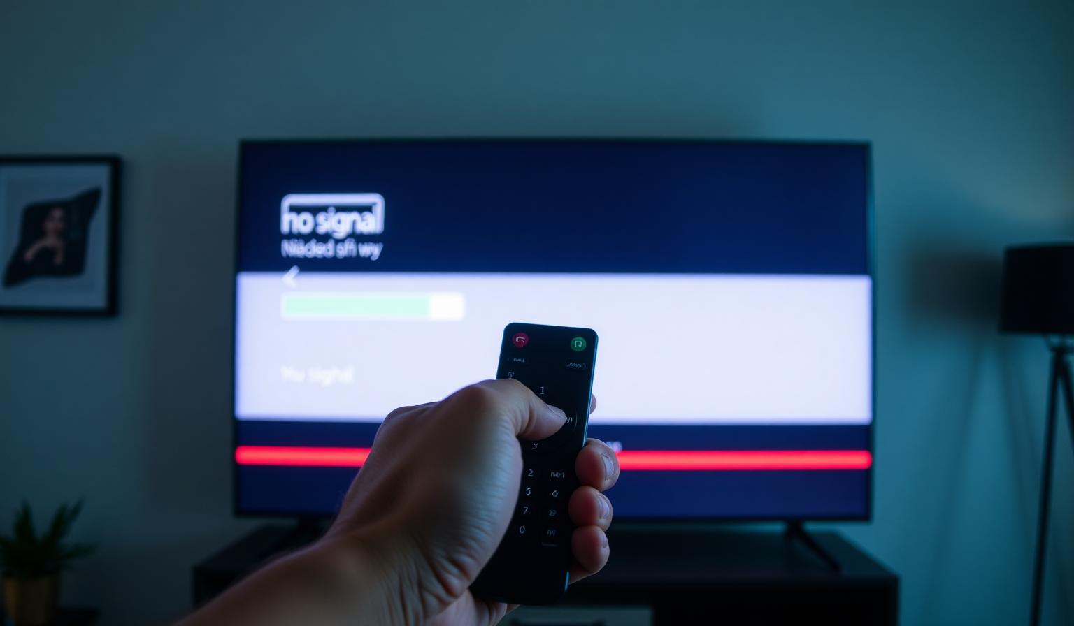 Hand holding a TV remote in front of a Smart TV showing a buffering loading icon and no signal error in a modern living room