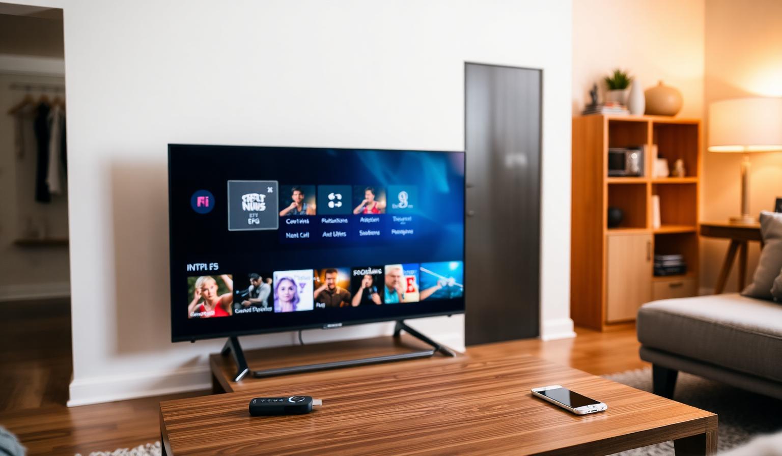 Modern Smart TV in a cozy living room showing a colorful IPTV provider dashboard with channel grid, EPG, sports and movie thumbnails, Firestick remote and smartphone on a wooden coffee table