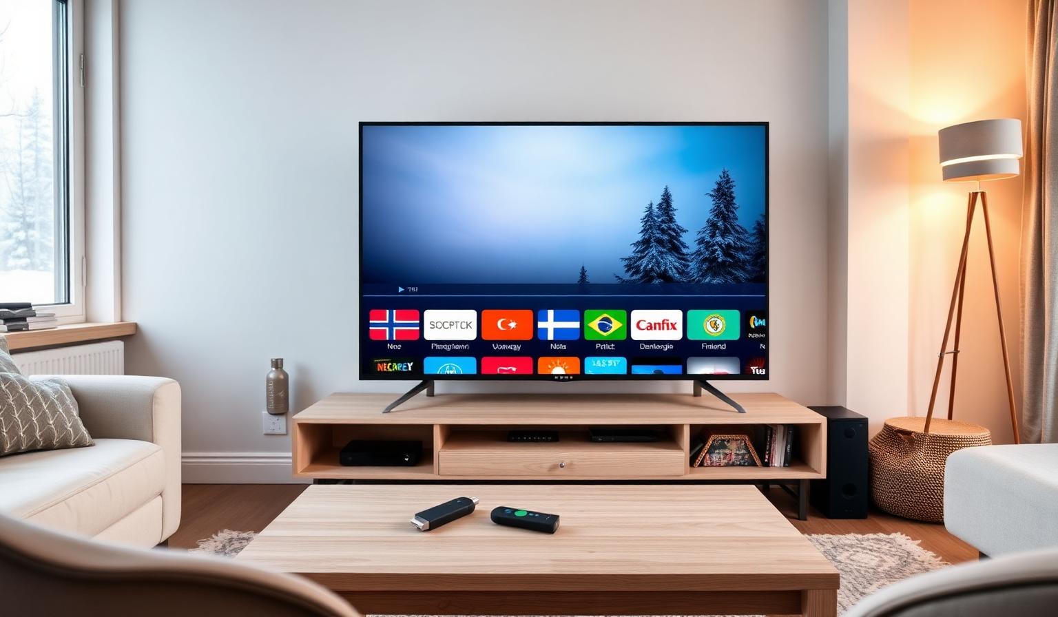 Modern Smart TV in a cozy Scandinavian living room with minimalist Nordic decor showing an IPTV dashboard with Nordic channel logos, Firestick remote on a light wooden coffee table, snowy window in the background