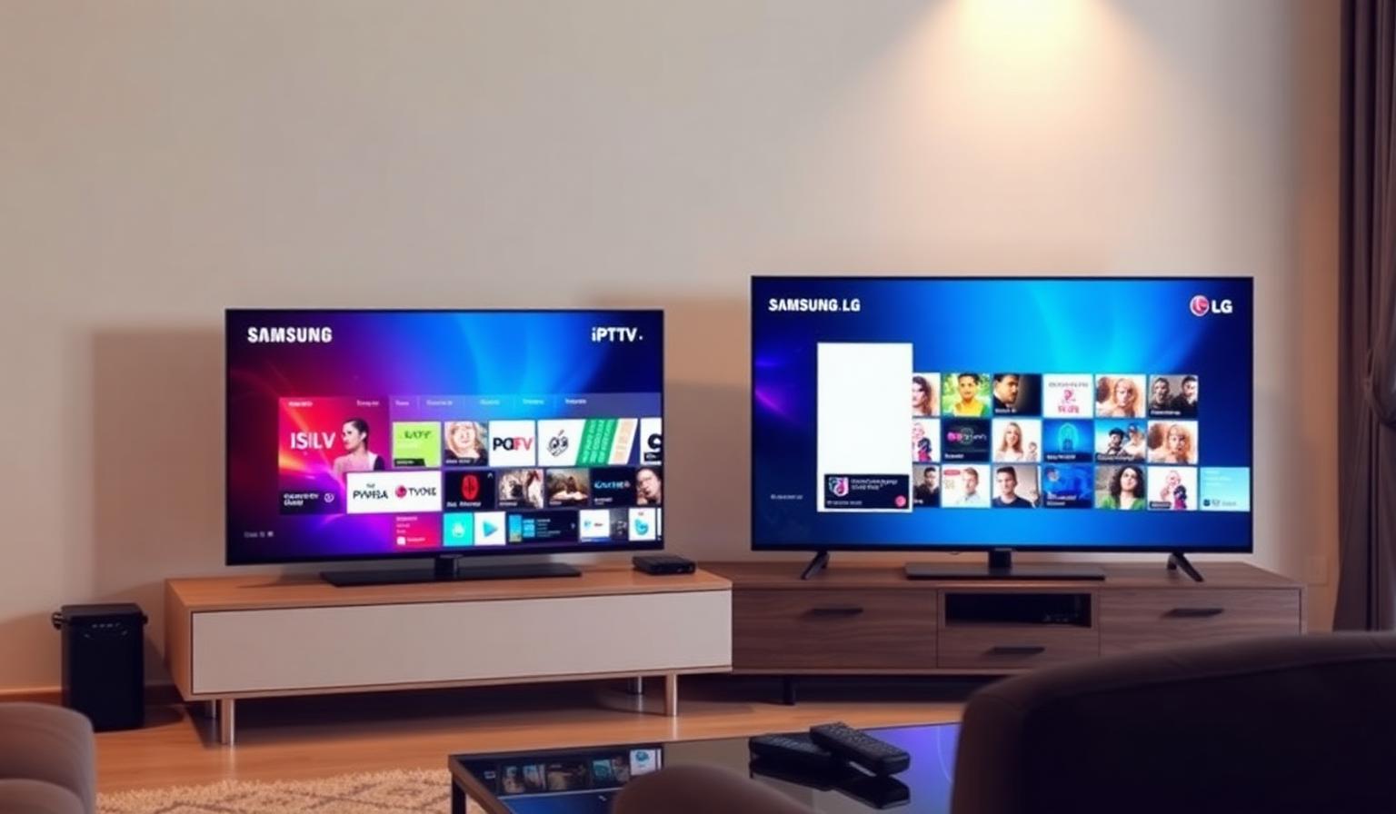 Samsung and LG Smart TVs side by side displaying IPTV channel grids in a modern living room with remote controls on a wooden table