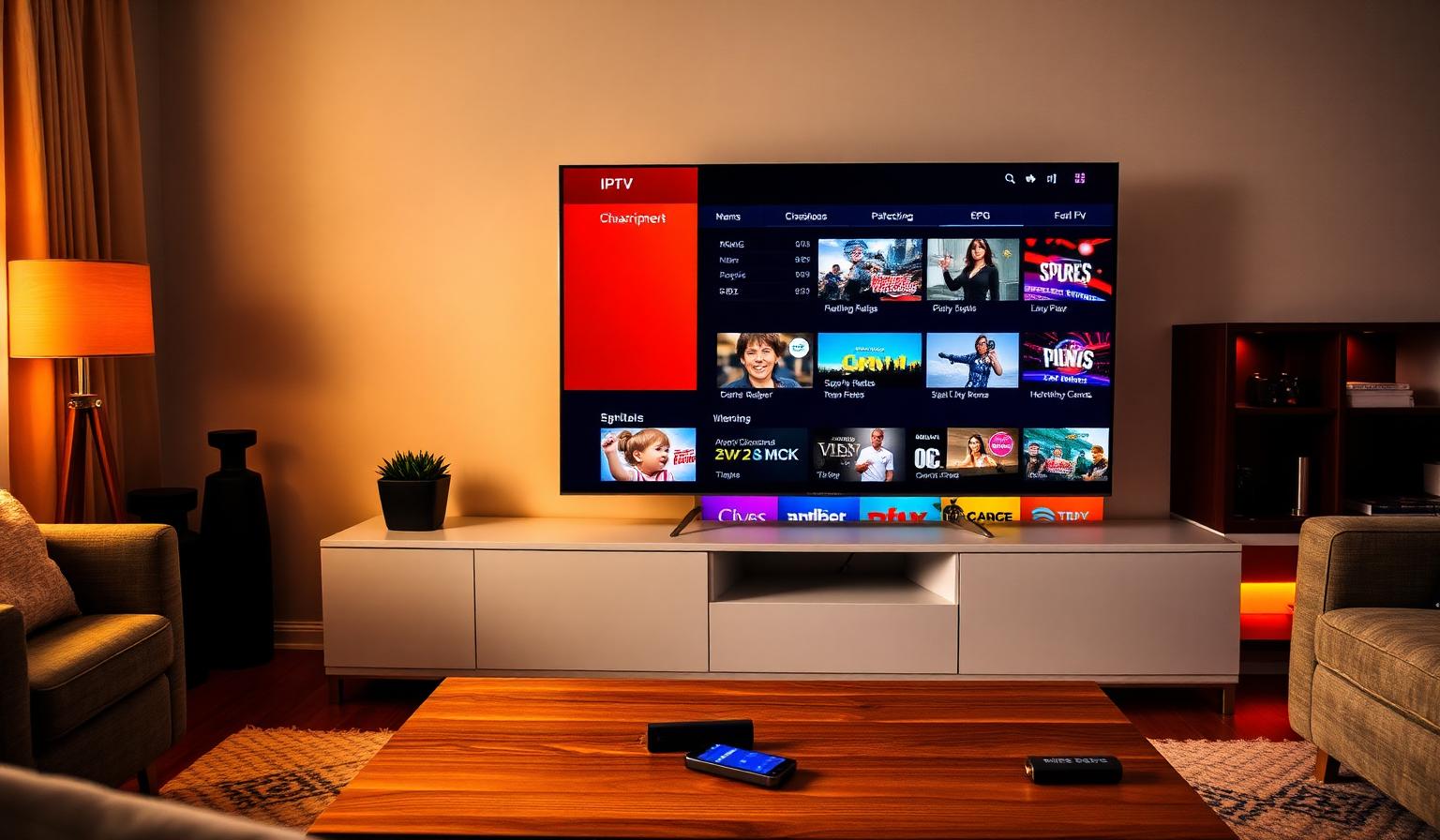 Modern Smart TV in a cozy living room showing an IPTV subscription dashboard with a colorful channel grid, EPG and live sports, news and movie thumbnails, Firestick remote and smartphone on a wooden coffee table
