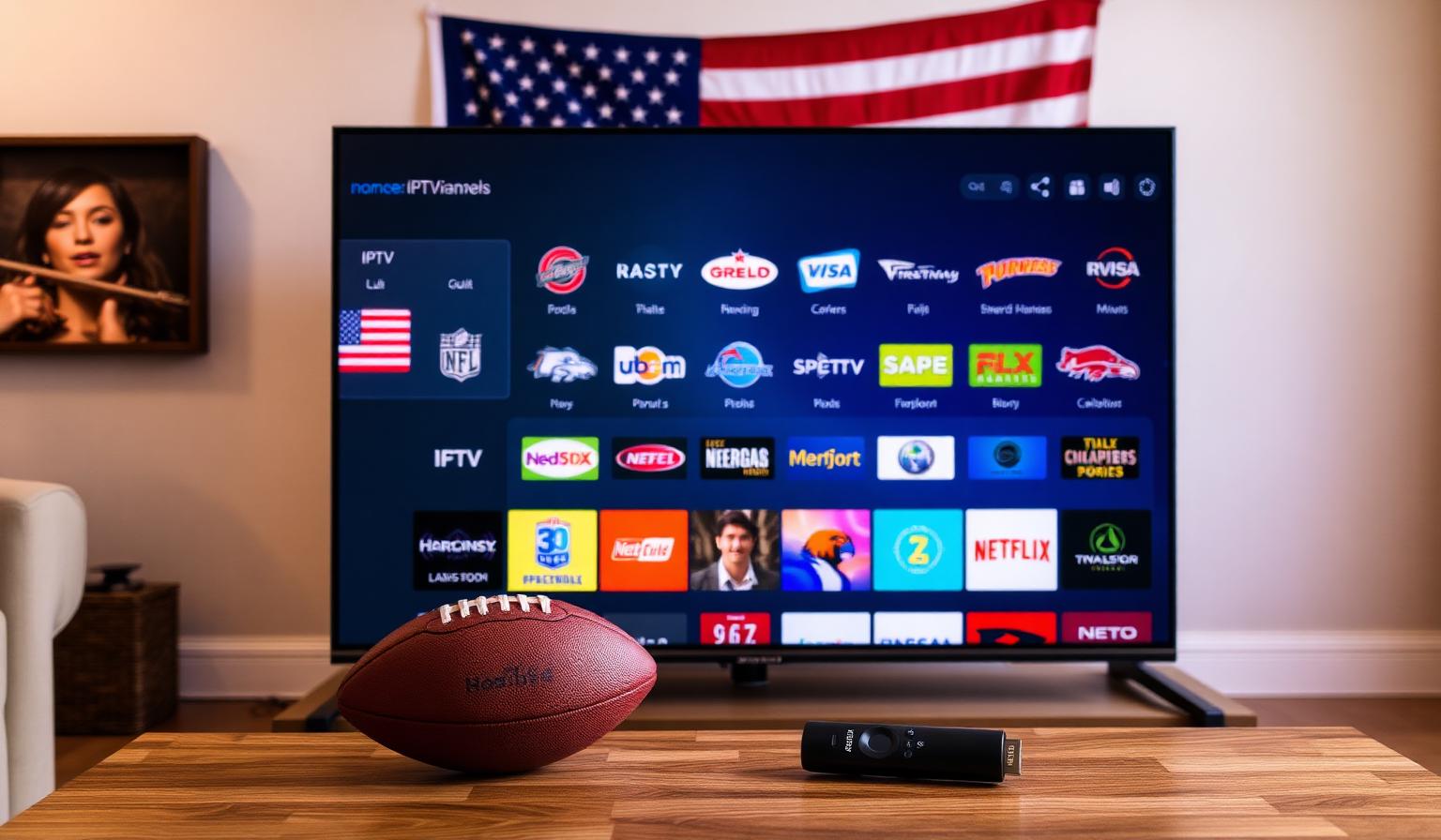 Modern Smart TV in a cozy American living room showing an IPTV dashboard with USA channel logos for sports, news and movies, American flag in background, Firestick remote and football on a wooden coffee table