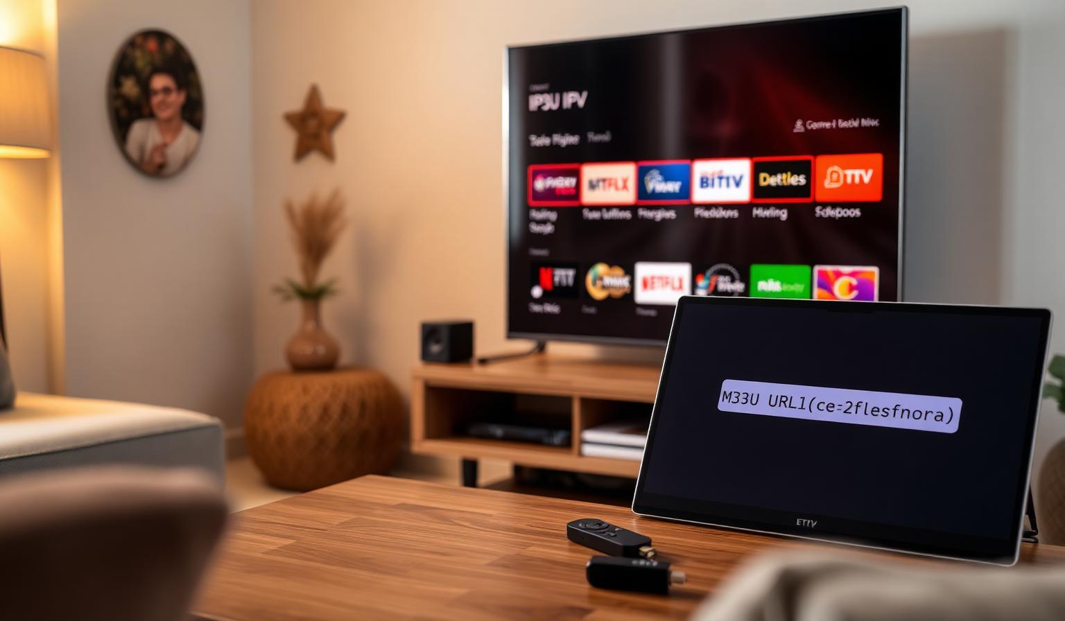 Modern Smart TV in a cozy living room showing an IPTV player with M3U playlist channel grid and EPG, laptop on a wooden coffee table displaying an M3U URL field, Firestick remote nearby