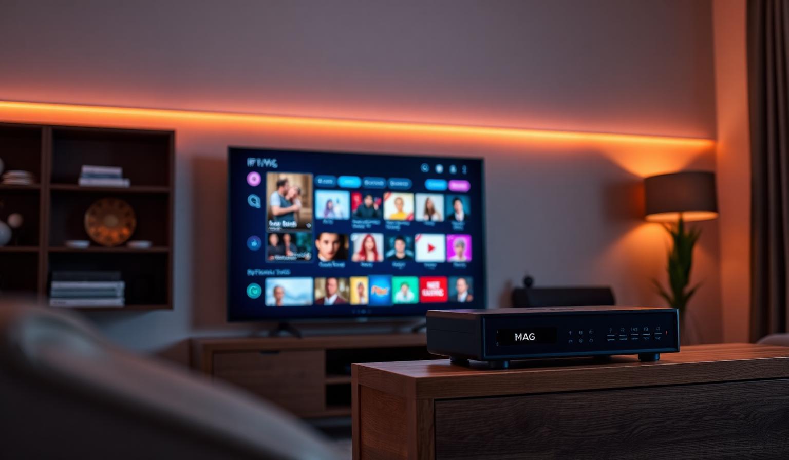 Modern Smart TV in a cozy living room showing a MAG box IPTV portal interface with a colorful channel grid, EPG and live thumbnails, black MAG set-top box on a wooden TV stand