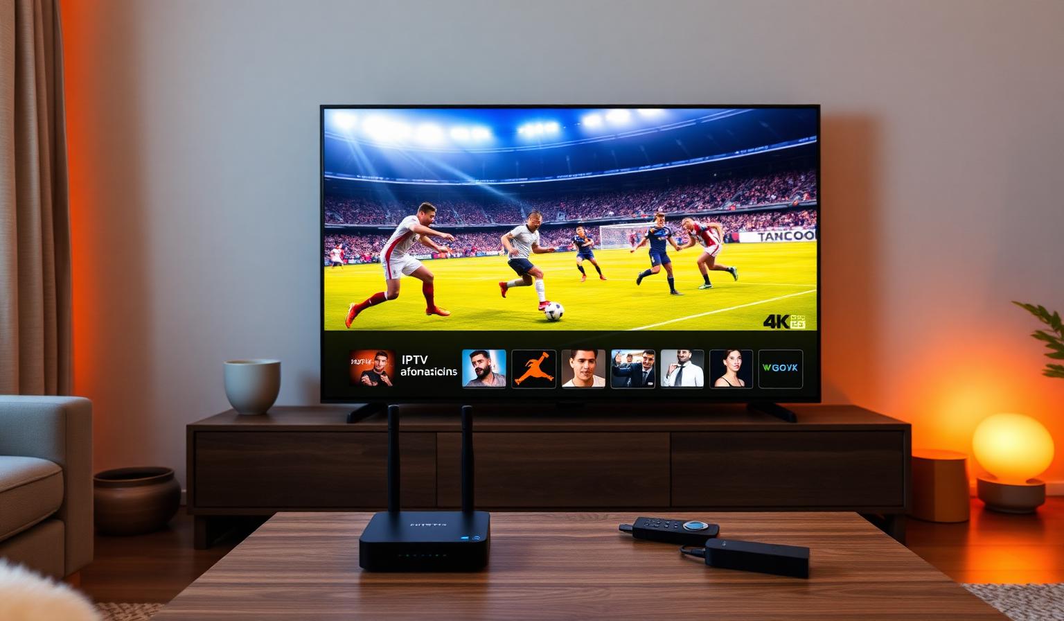Modern Smart TV in a cozy living room showing a crystal-clear live football match with no buffering, IPTV channel guide overlay, Wi-Fi router with green status lights and Firestick remote on a wooden coffee table