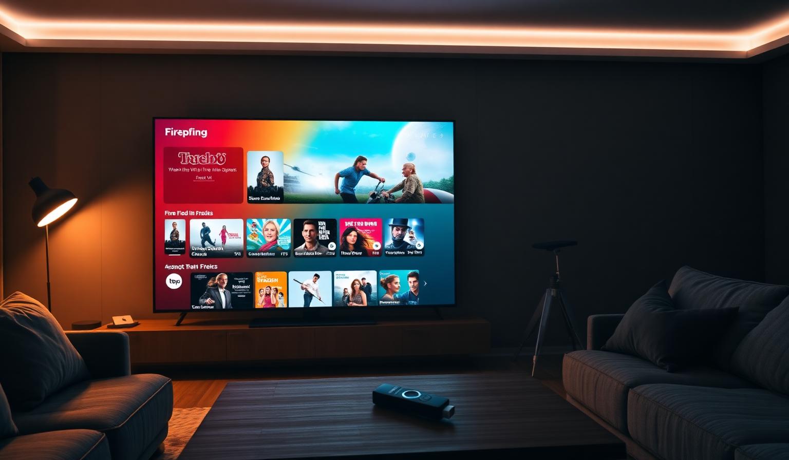 Modern living room with a 4K Smart TV showing a colorful streaming dashboard with movies, live sports and TV shows, soft ambient lighting and a Firestick remote on a wooden coffee table