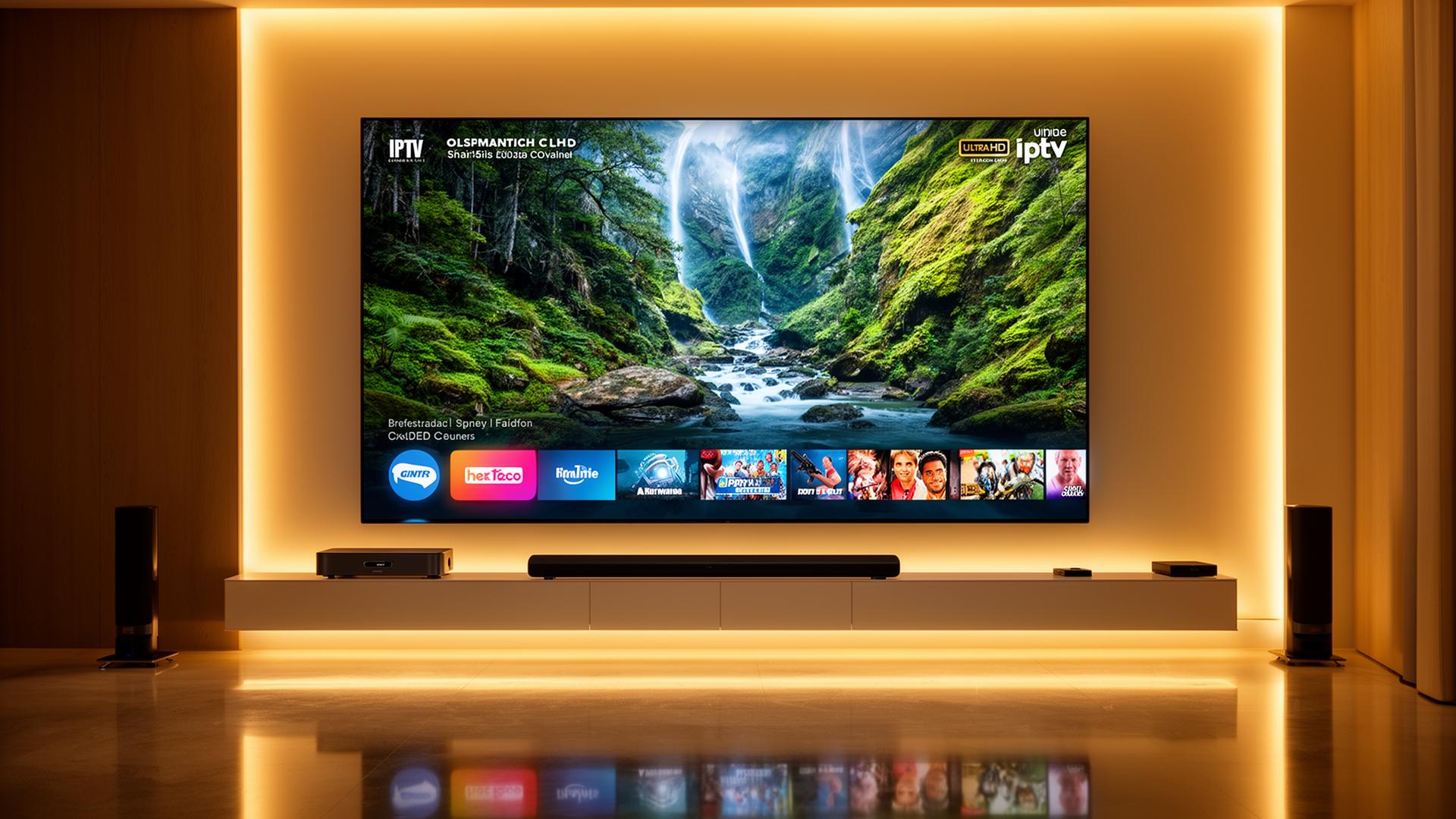 Modern cinematic living room with an 85-inch 4K OLED Smart TV displaying an Ultra HD IPTV stream with vivid colors, deep contrast, ambient LED backlighting, and premium streaming equipment