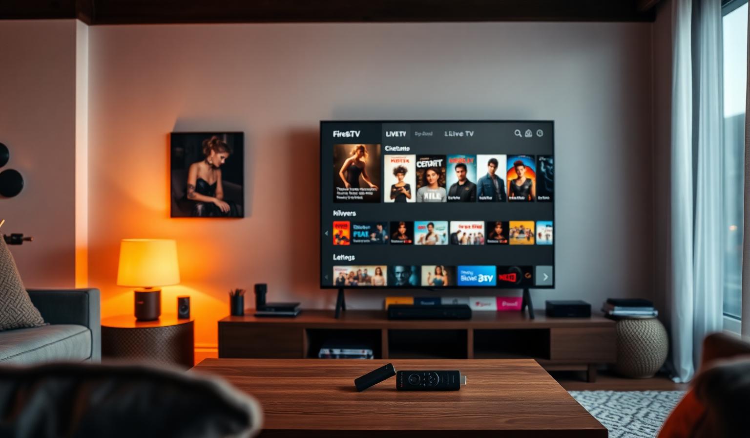 Modern cozy living room with a 4K Smart TV showing a premium streaming dashboard with movie posters, live TV thumbnails and a VOD library grid, Firestick remote on a wooden coffee table
