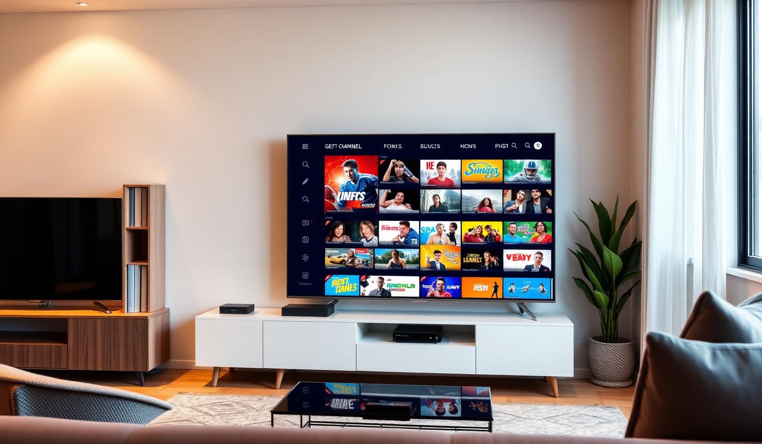 Modern living room with a large Smart TV showing live TV channel streaming interface with news, sports and entertainment thumbnails, streaming device on TV stand, warm ambient lighting