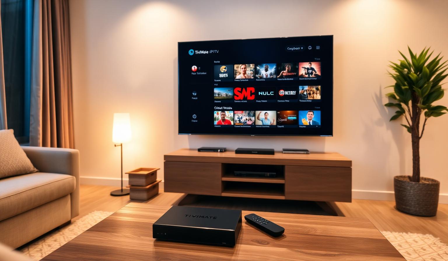 Modern Smart TV in a cozy living room showing the TiviMate IPTV player interface with a sleek dark dashboard, channel grid and EPG with live thumbnails for sports, news and movies, Android TV box and remote on a wooden coffee table
