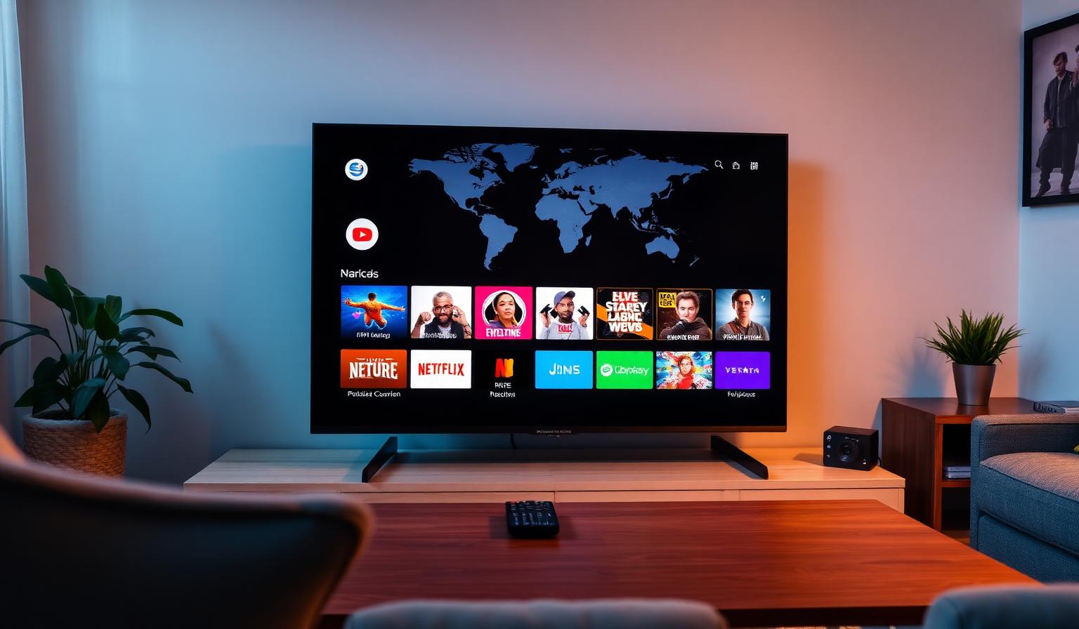 Modern Smart TV in a cozy living room showing a colorful entertainment app dashboard with rows of streaming app tiles and a soft world map background, remote on a wooden coffee table
