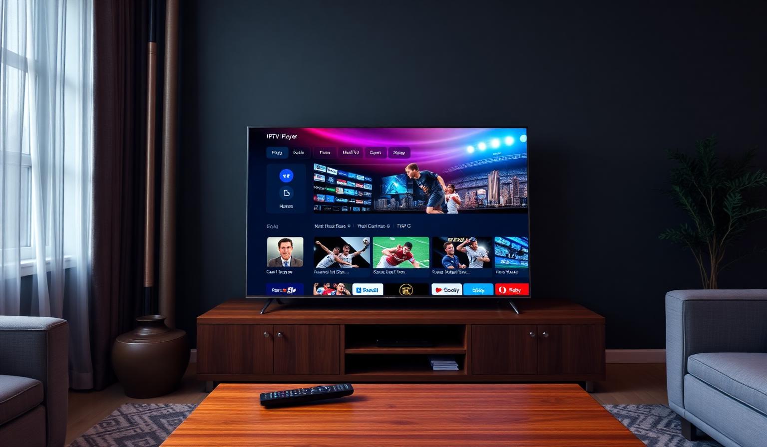 Modern Smart TV in a living room displaying a colorful IPTV player interface with channel grid, EPG and live sports thumbnails, remote on a wooden table