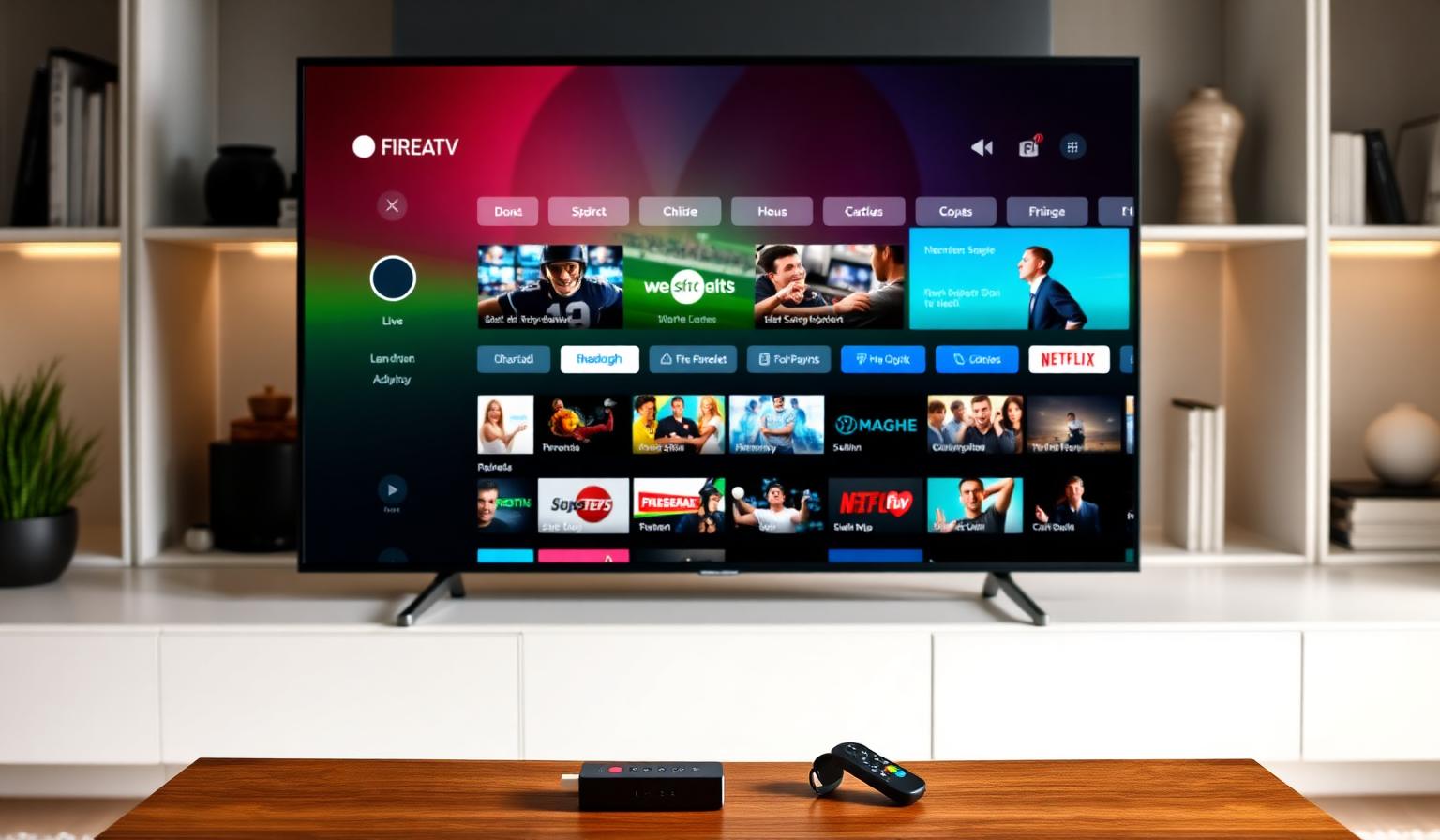 Modern Smart TV in a living room showing a colorful live TV streaming app dashboard with channels, sports and movies, Firestick remote on a wooden table