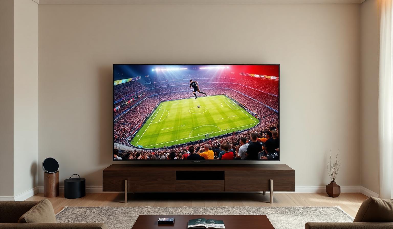 Smart TV in a modern living room streaming a FIFA World Cup 2026 match through FastIPTVPlus with stadium crowd, green pitch and IPTV channel guide overlay
