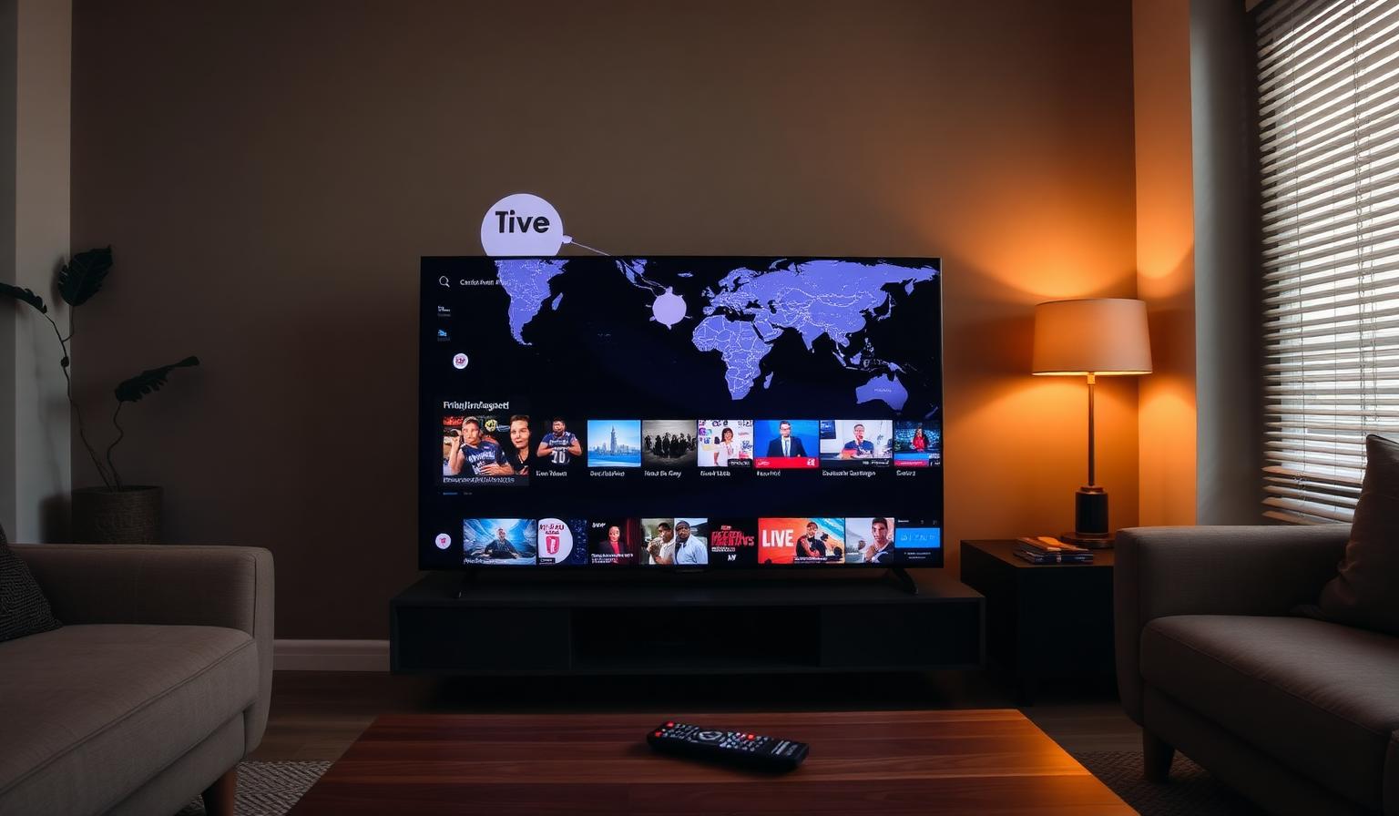 Modern Smart TV in a cozy living room showing a live TV streaming app with a world map background, channel grid and live news and sports thumbnails, remote on a wooden coffee table