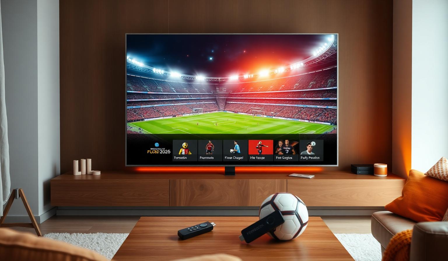 Modern Smart TV in a cozy living room showing a FIFA World Cup 2026 match in a packed stadium with IPTV channel guide overlay, Firestick remote and a soccer ball on a wooden coffee table