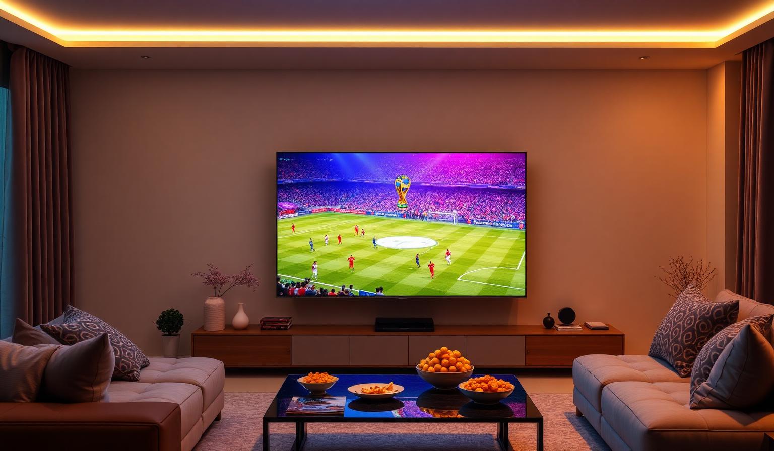 Modern living room with a large 4K Smart TV showing a vibrant FIFA World Cup 2026 IPTV broadcast with packed stadium, players on the pitch, and ambient LED lighting
