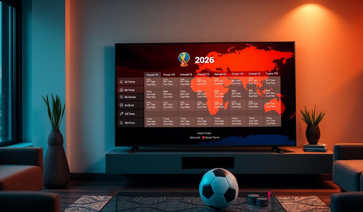 Smart TV in a modern living room showing a FIFA World Cup 2026 schedule grid with kickoff times overlaid on a world map of time zones