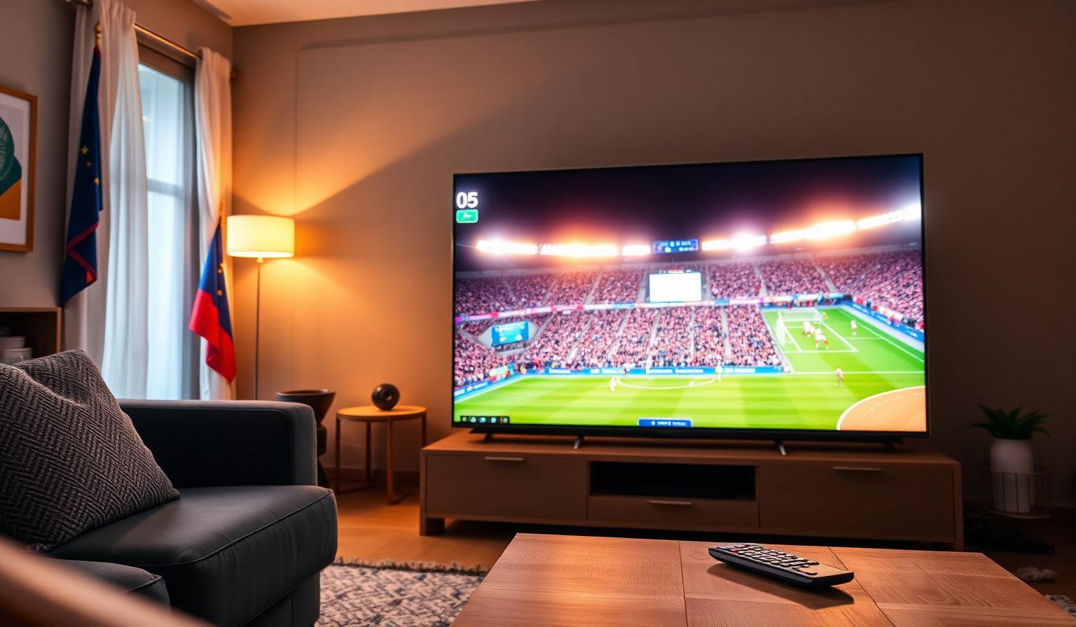 Smart TV in a cozy European living room showing a live FIFA World Cup football match with stadium lights, crowd and remote on a wooden coffee table